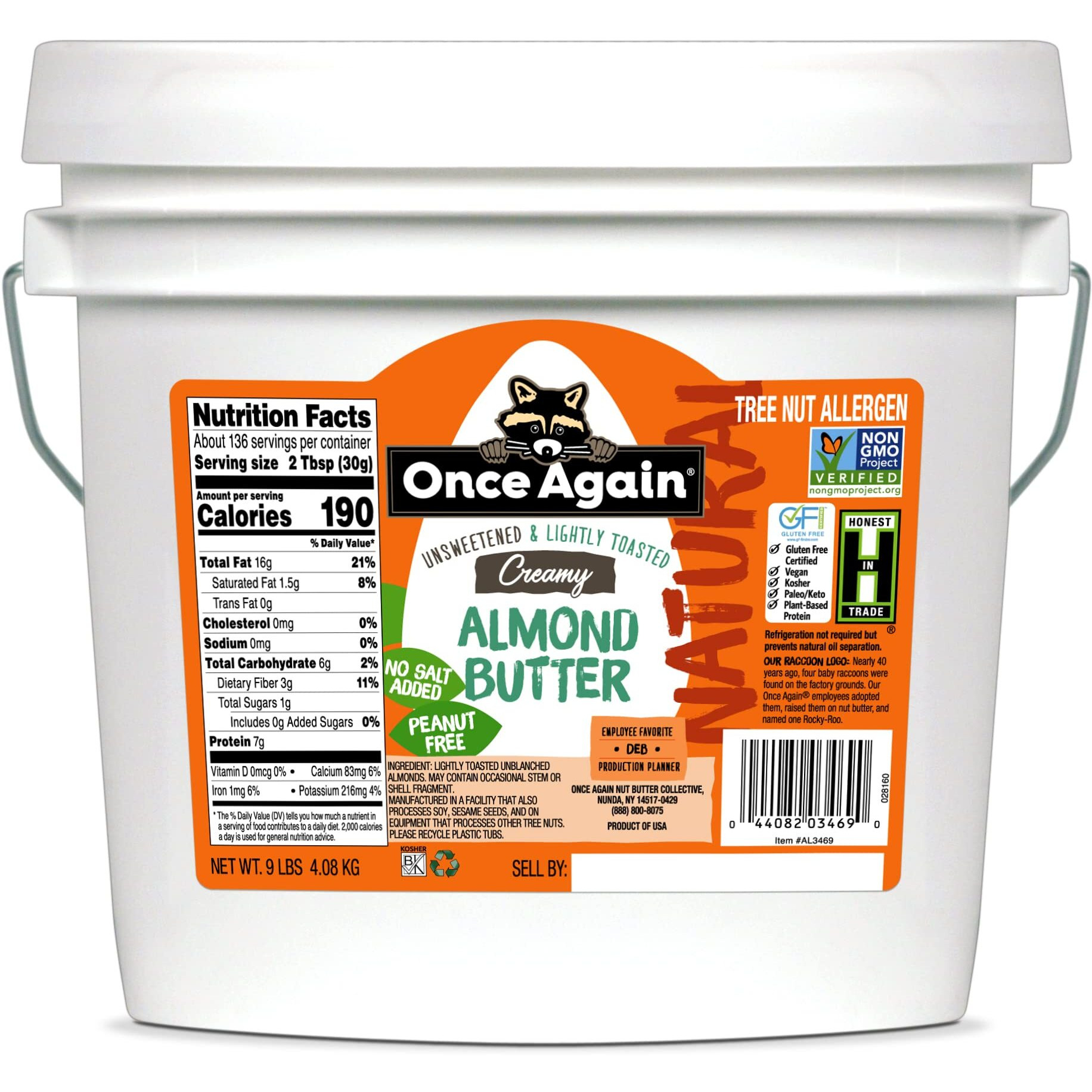 Once Again Natural Creamy Almond Butter, 9Lbs (Same As 9 Jars) - Lightly Toasted - Salt Free, Unsweetened - Gluten Free Certified, Peanut Free, Vegan, Kosher, Paleo