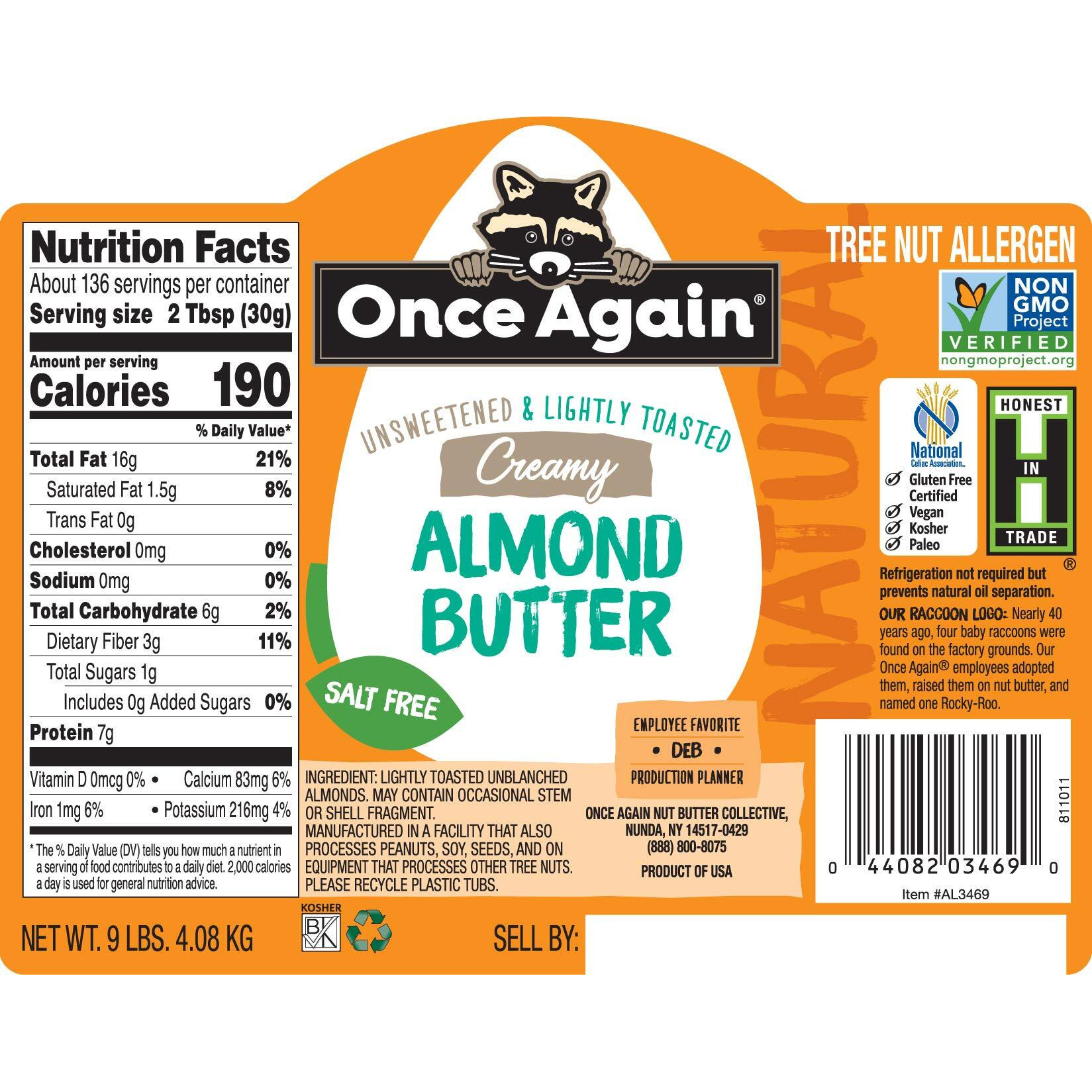 Once Again Natural Creamy Almond Butter, 9Lbs (Same As 9 Jars) - Lightly Toasted - Salt Free, Unsweetened - Gluten Free Certified, Peanut Free, Vegan, Kosher, Paleo