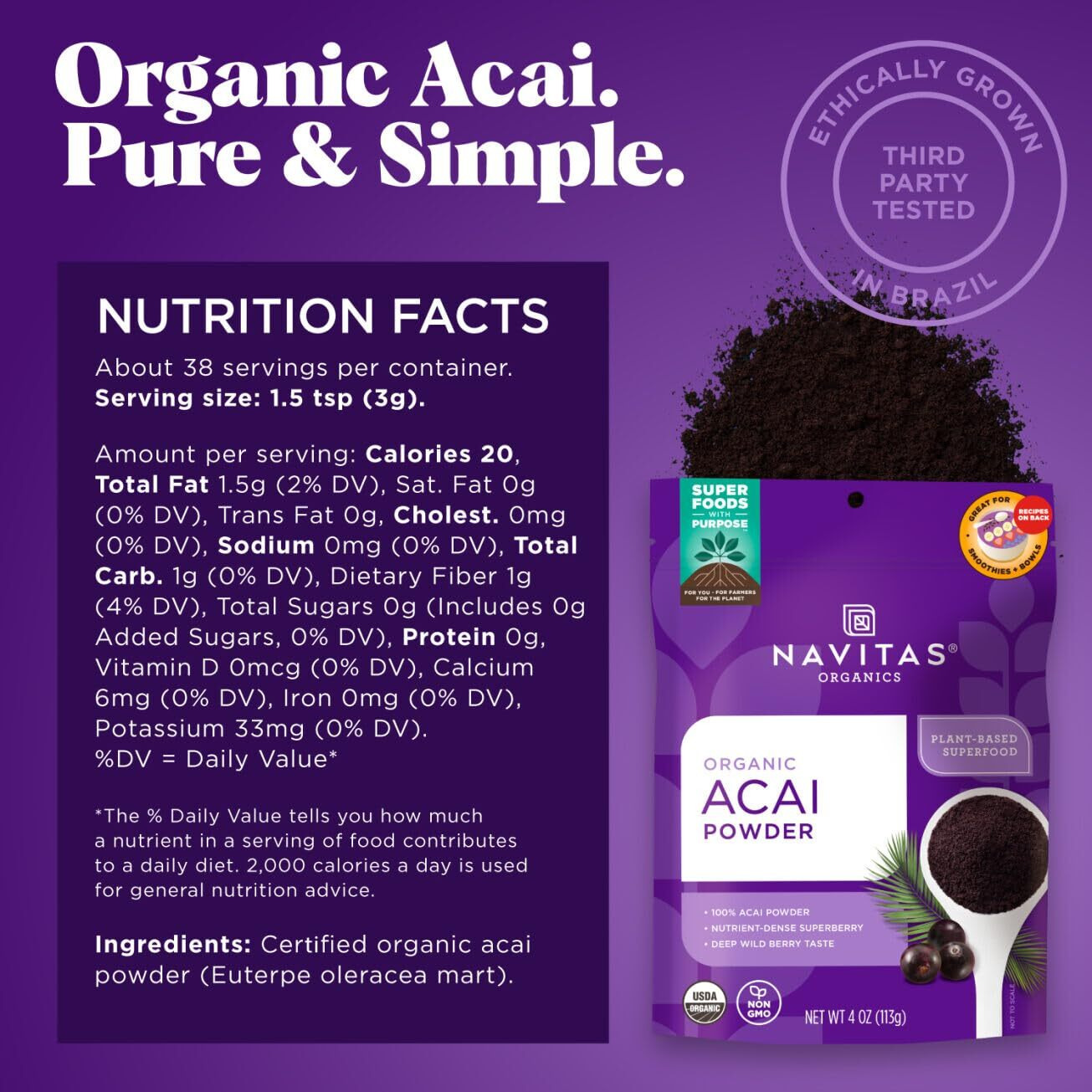 Navitas Organics Acai Powder, 4Oz. Bag 38 Servings - Organic Non-Gmo, Freeze-Dried, Gluten-Free