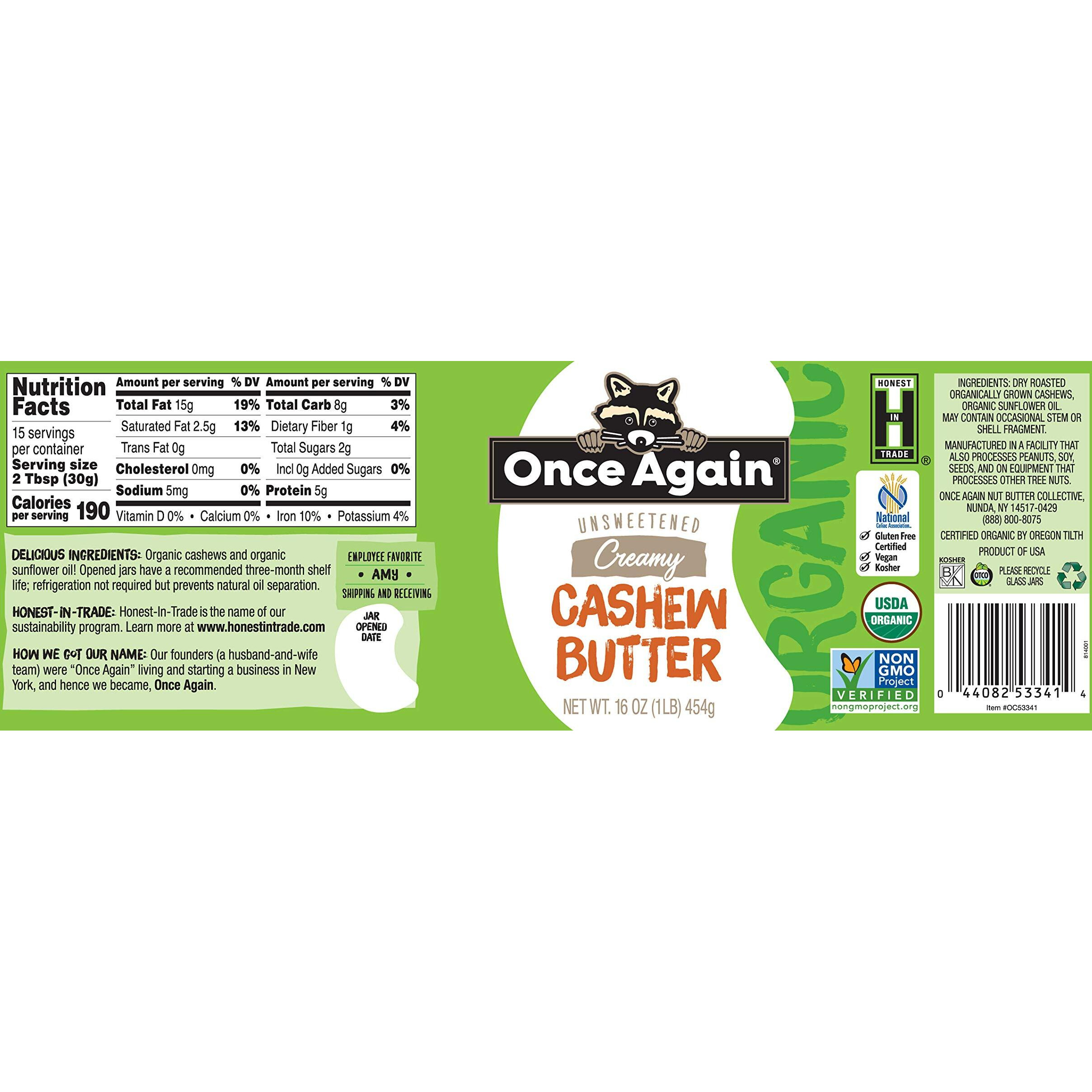 Once Again Organic Creamy Cashew Butter, 16Oz - Unsweetened - Usda Organic, Gluten Free Certified, Vegan, Kosher, Peanut Free - Glass Jar (1 Jar)