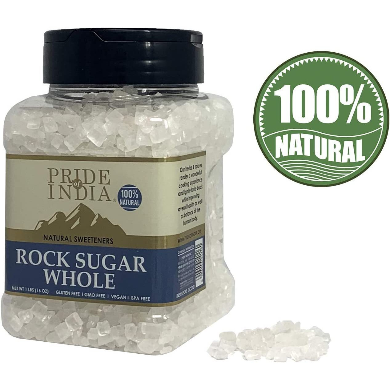 Pride Of India - Natural Crystal Rock Sugar Whole - 12 Oz (340 Gm) Medium Dual Sifter Jar - Authentic Indian Sugar Crystals - Used To Sweeten Milk Or Tea - Offers Best Value For Money