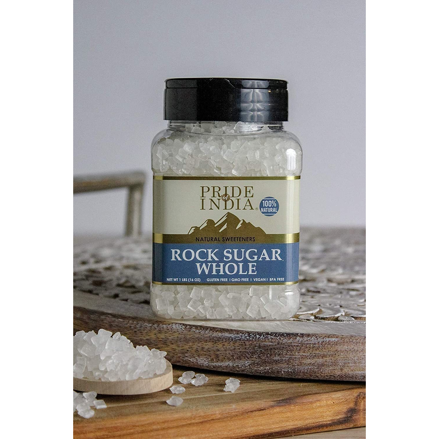 Pride Of India - Natural Crystal Rock Sugar Whole - 12 Oz (340 Gm) Medium Dual Sifter Jar - Authentic Indian Sugar Crystals - Used To Sweeten Milk Or Tea - Offers Best Value For Money