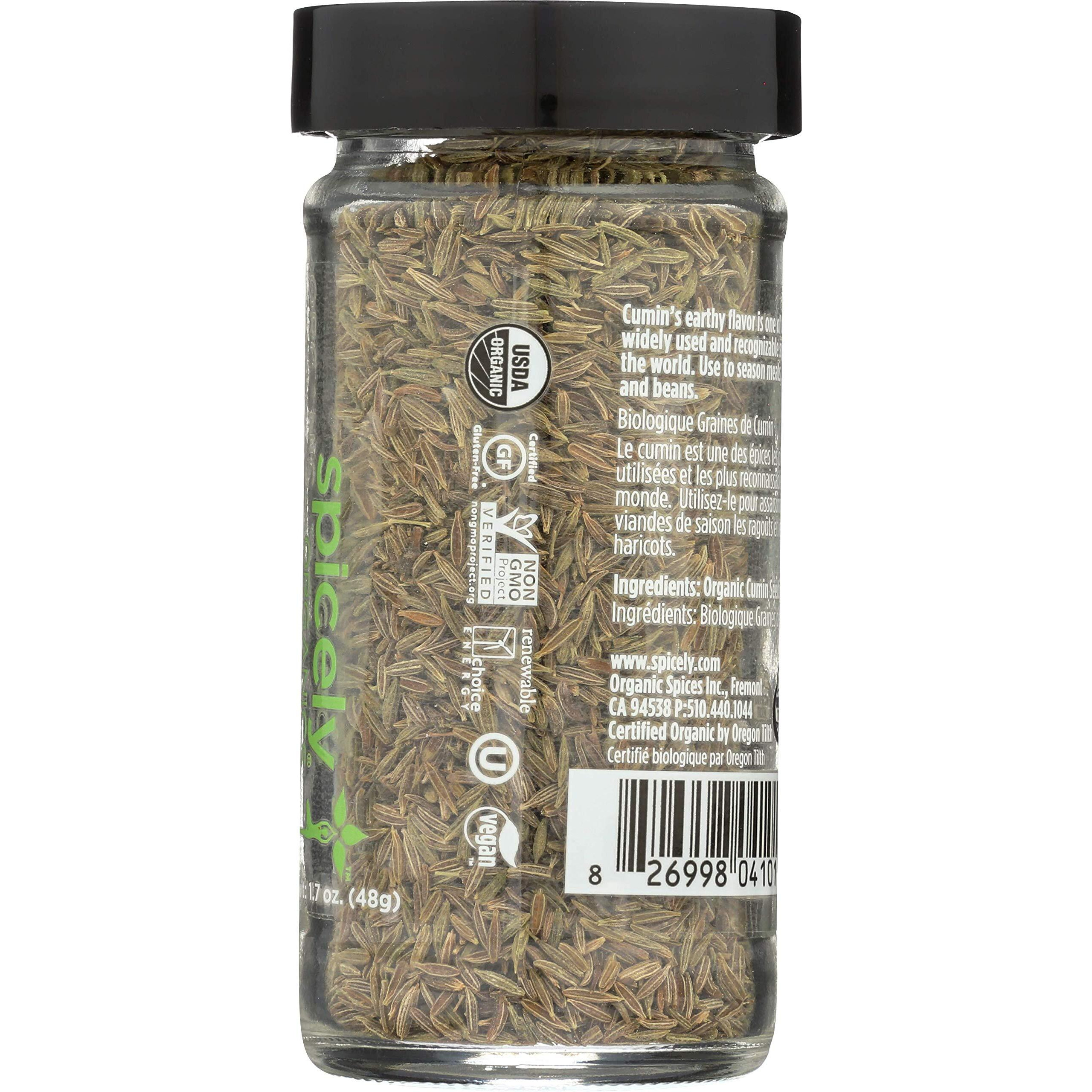 Spicely Organic Cumin Seeds Whole 1.70 Ounce Jar Certified Gluten Free