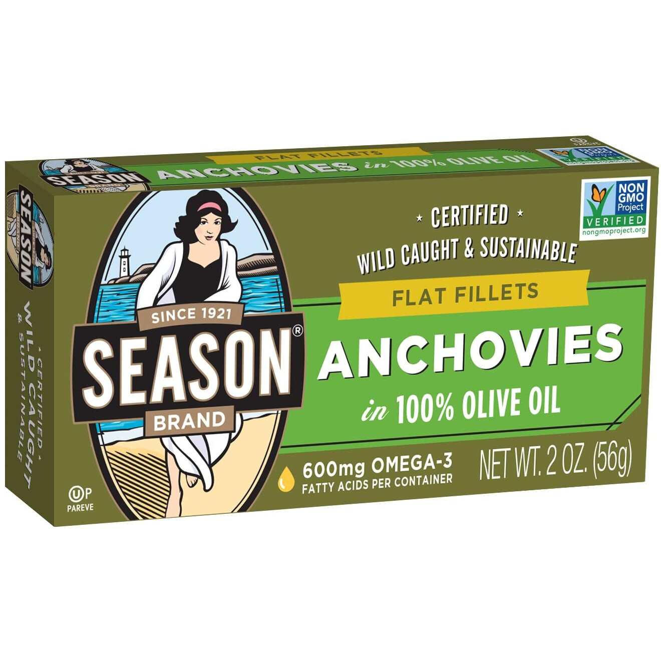 Season Anchovies In Olive Oil - Flat Anchovy Fillets, Wild Caught Fish, Keto Snacks, Canned Anchovies, Rich In B Vitamins, Low In Mercury, Kosher, Non-Gmo, 600Mg Of Omega-3 - 2 Ounce, 12-Pack