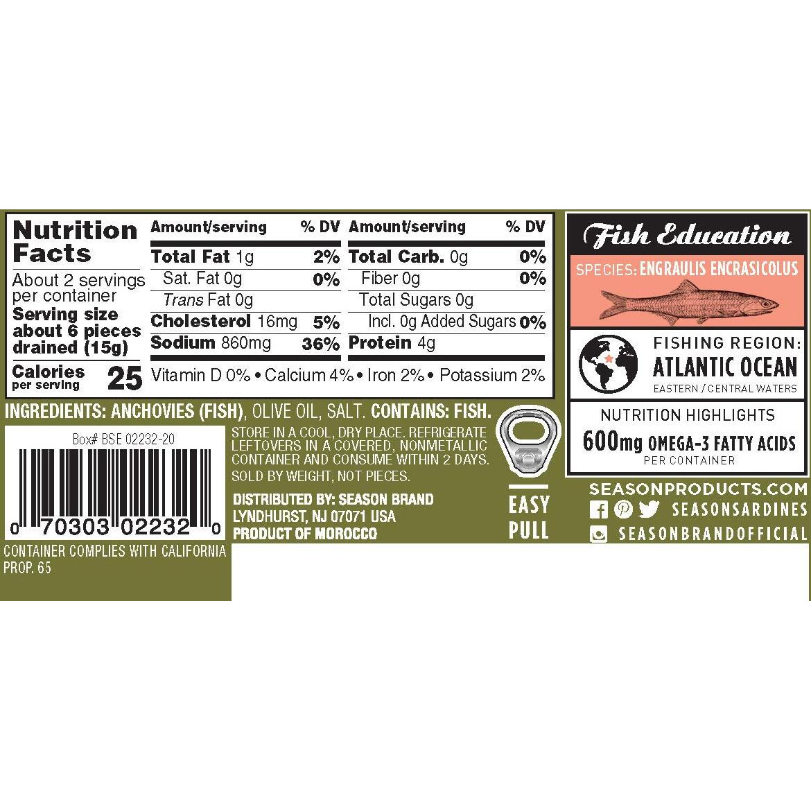 Season Anchovies In Olive Oil - Flat Anchovy Fillets, Wild Caught Fish, Keto Snacks, Canned Anchovies, Rich In B Vitamins, Low In Mercury, Kosher, Non-Gmo, 600Mg Of Omega-3 - 2 Ounce, 12-Pack