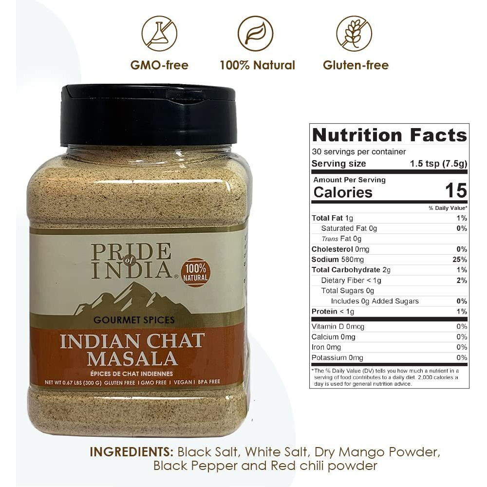 Pride Of India - Indian Chat Masala Seasoning Spice - Ideal For Savory Dishes - Perfect Seasoning For Drinks/Salads/Fruits - Preservatives Free - Easy To Store - 8Oz. Medium Dual Sifter Jar