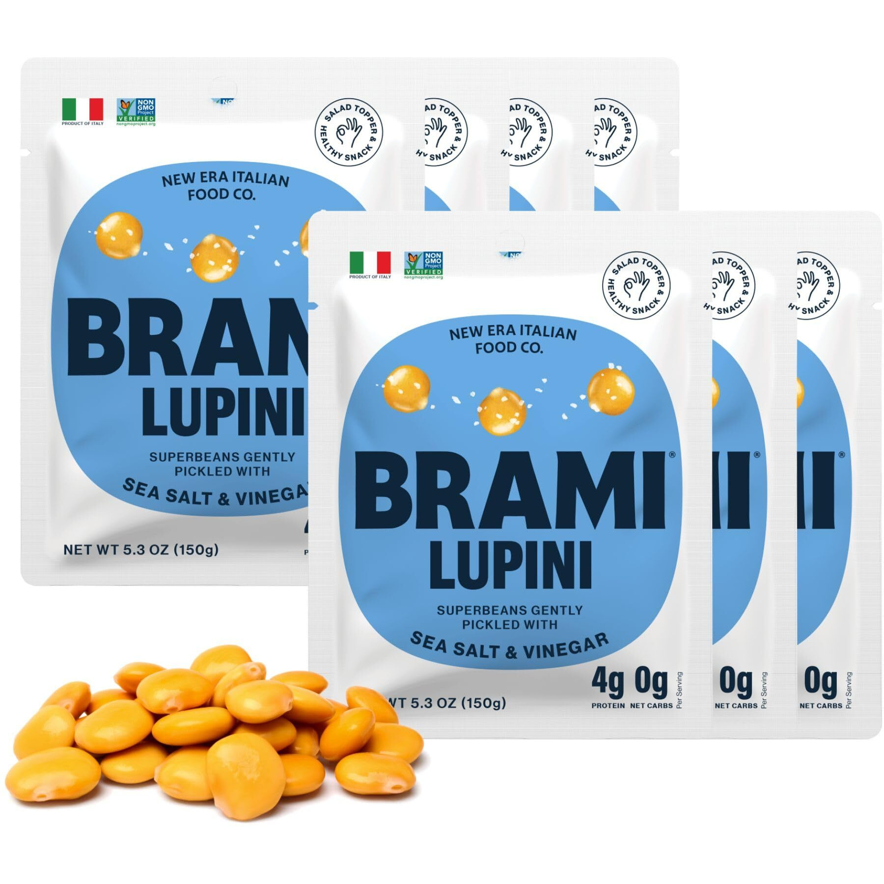 Brami Lupini Beans Snack, Sea Salt & Vinegar | 7G Plant Protein, 0G Net Carbs | Vegan, Vegetarian, Keto, Plant Based, Mediterranean Diet, Non Perishable | 5.3 Ounce (8 Count)