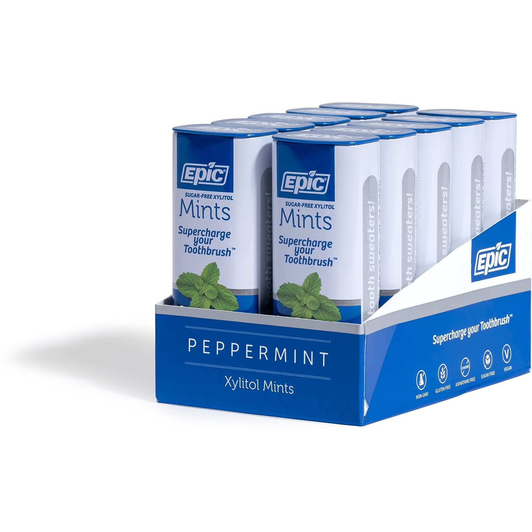 Epic Xylitol Mints - Sugar Free & Aspartame Free Mints Sweetened W/Xylitol For Dry Mouth & Gum Health (Peppermint, 55-Piece Tin, 10 Tins)