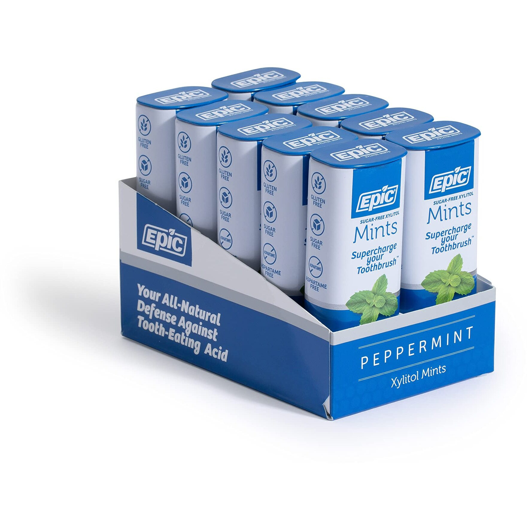 Epic Xylitol Mints - Sugar Free & Aspartame Free Mints Sweetened W/Xylitol For Dry Mouth & Gum Health (Peppermint, 55-Piece Tin, 10 Tins)