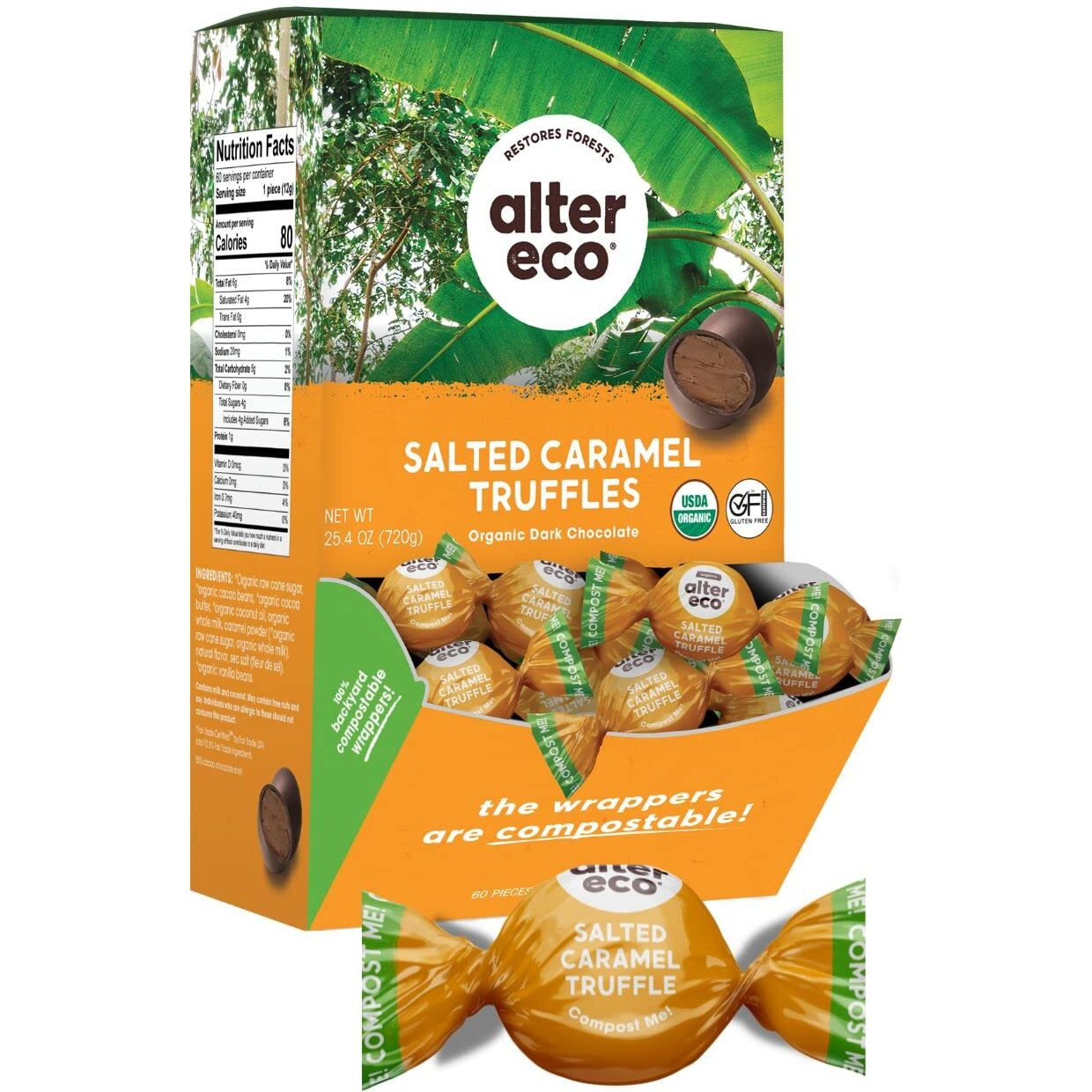 Alter Eco | Salted Caramel Truffles | 58% Pure Dark Cocoa, Fair Trade, Organic, Non-Gmo, Gluten-Free Dark Chocolate Truffles | 60 Truffles