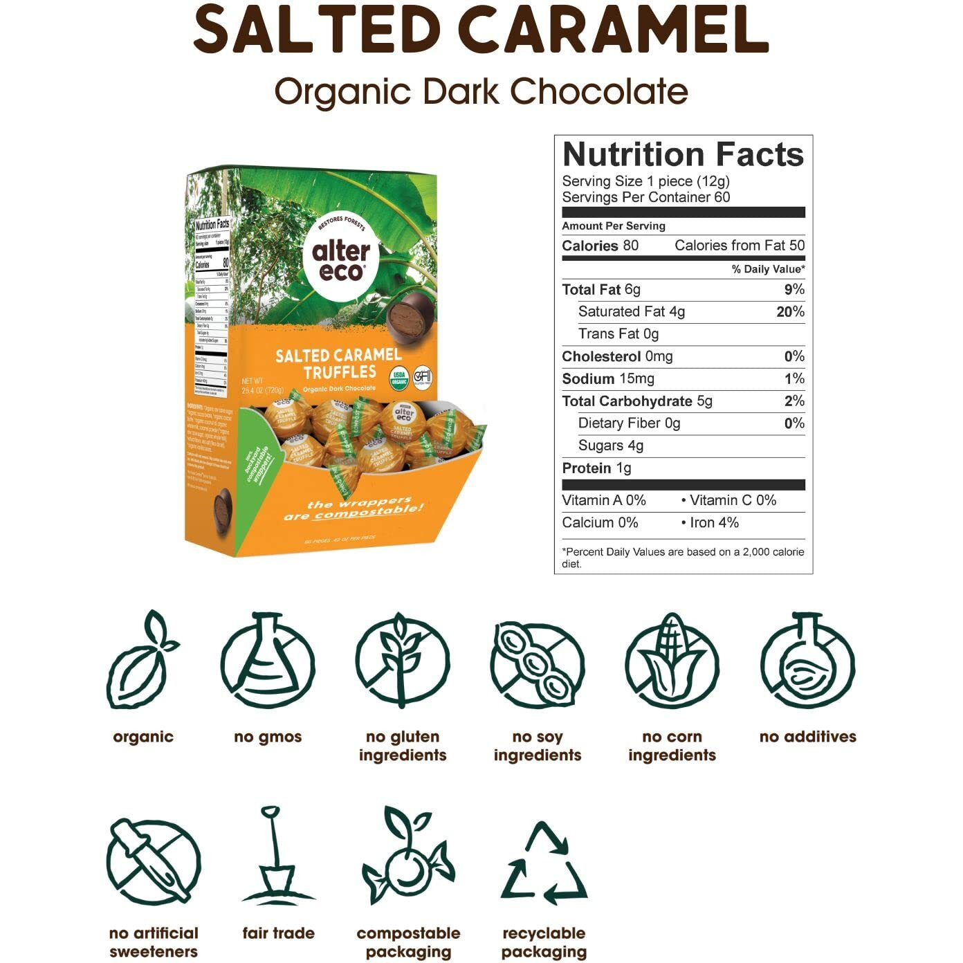 Alter Eco | Salted Caramel Truffles | 58% Pure Dark Cocoa, Fair Trade, Organic, Non-Gmo, Gluten-Free Dark Chocolate Truffles | 60 Truffles