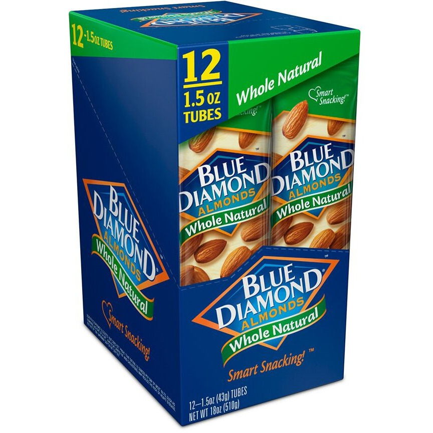 Blue Diamond Almonds, Whole Natural Flavored Snack Nuts, Single Serve Bags (1.5 Oz. Tubes, Pack Of 12)