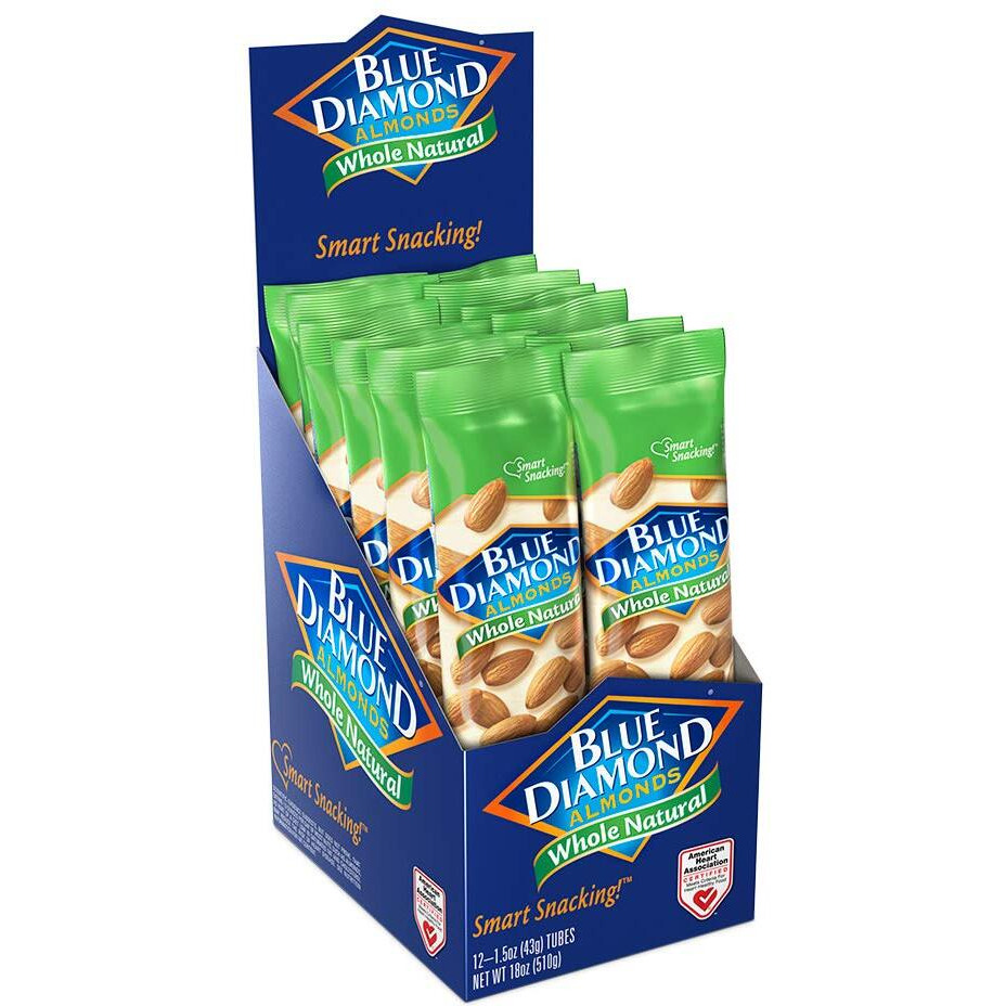 Blue Diamond Almonds, Whole Natural Flavored Snack Nuts, Single Serve Bags (1.5 Oz. Tubes, Pack Of 12)