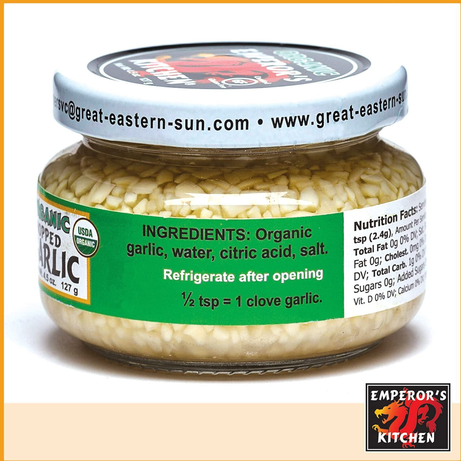 Emperor's Kitchen Organic Chopped Garlic, Usda Certified Organic, Vegan, Ready-To-Use, 4.5 Oz Jar
