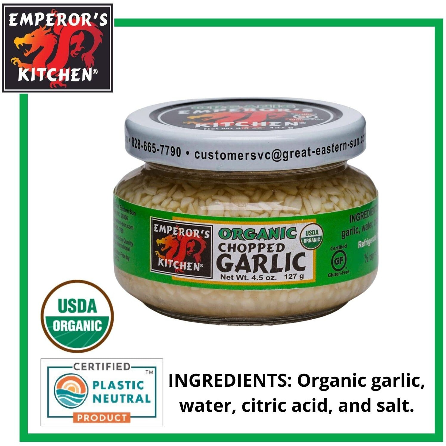 Emperor's Kitchen Organic Chopped Garlic, Usda Certified Organic, Vegan, Ready-To-Use, 4.5 Oz Jar