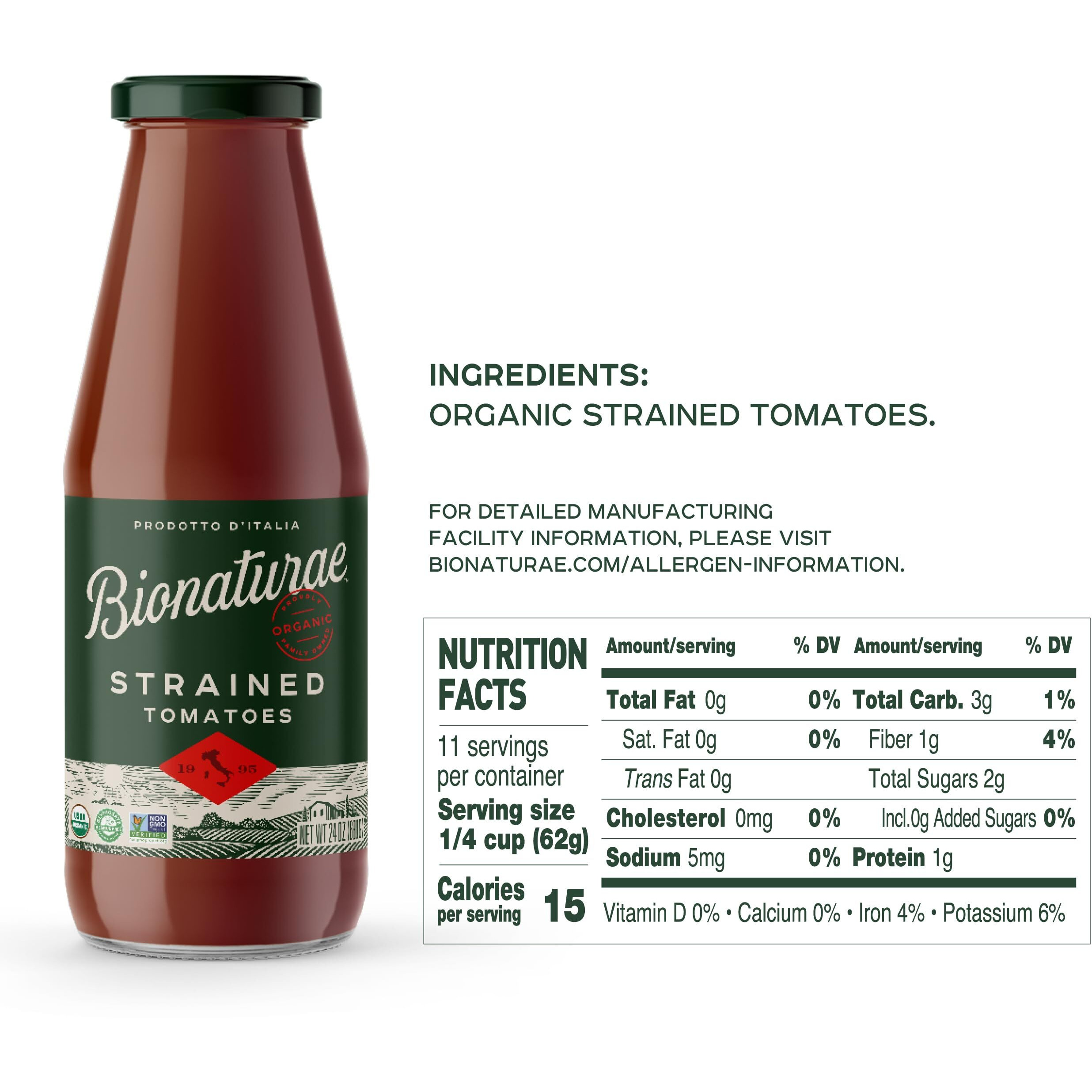 Bionaturae Tomatoes Strained | Organic Strained Tomatoes | Keto Friendly | Non-Gmo | Usda Certified Organic | No Added Sugar | No Added Salt | Made In Italy | 24 Oz