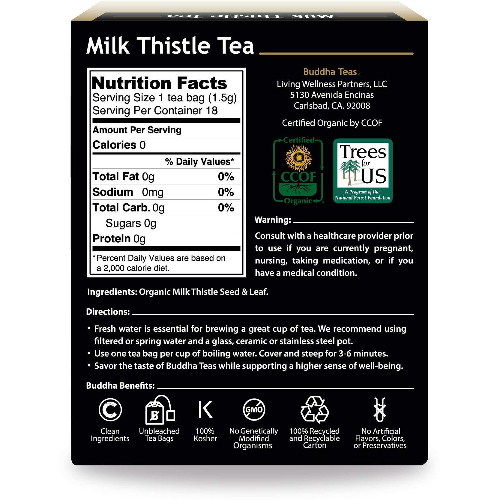 Buddha Teas Organic Milk Thistle Tea - Ou Kosher, Usda Organic, Ccof Organic, 18 Bleach-Free Tea Bags