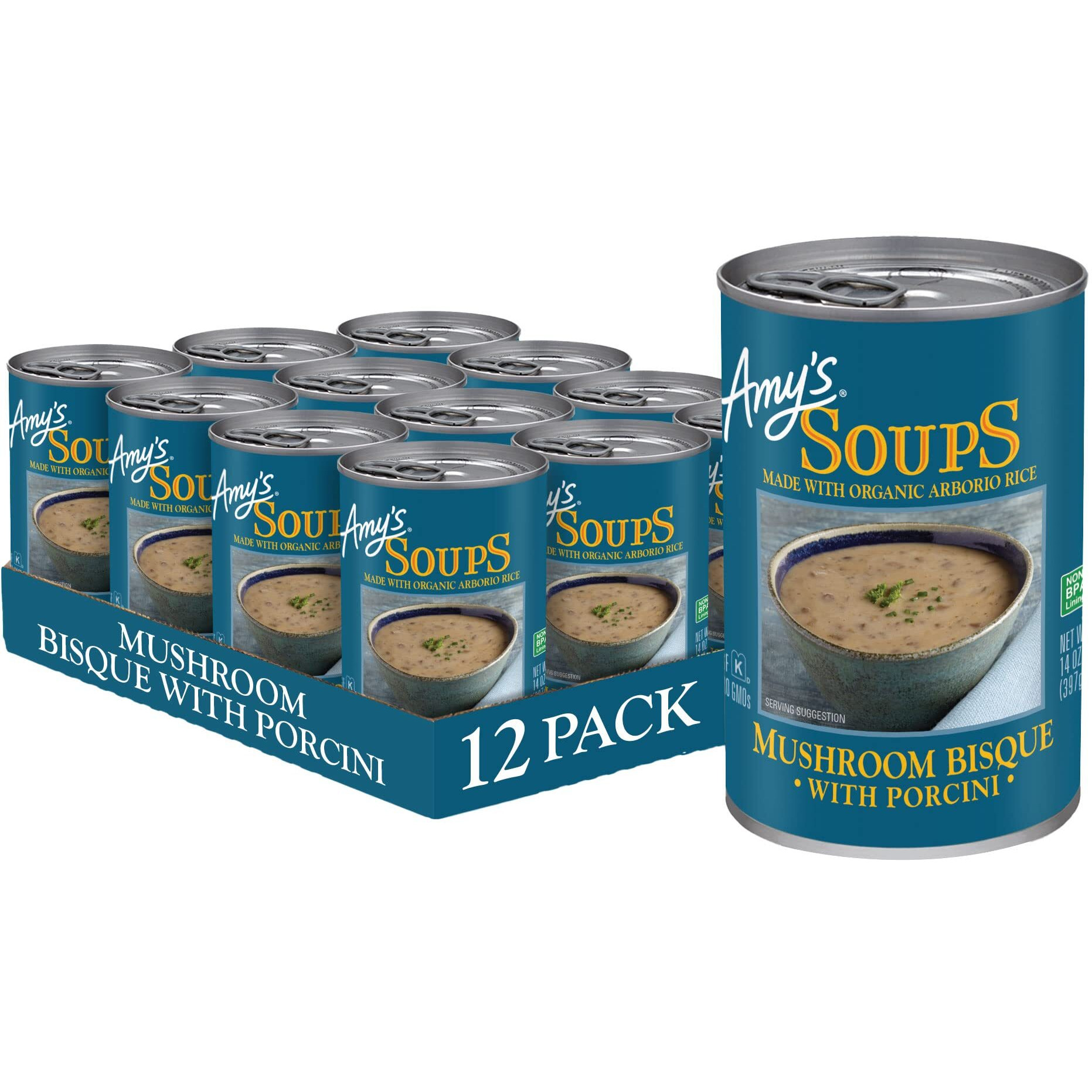 Amy's Soup, Mushroom Bisque Soup With Porcini, Gluten Free Organic Blend Of Mushrooms, Rice, Vegetables And Cream, Canned Soup, 14 Oz (12 Pack)