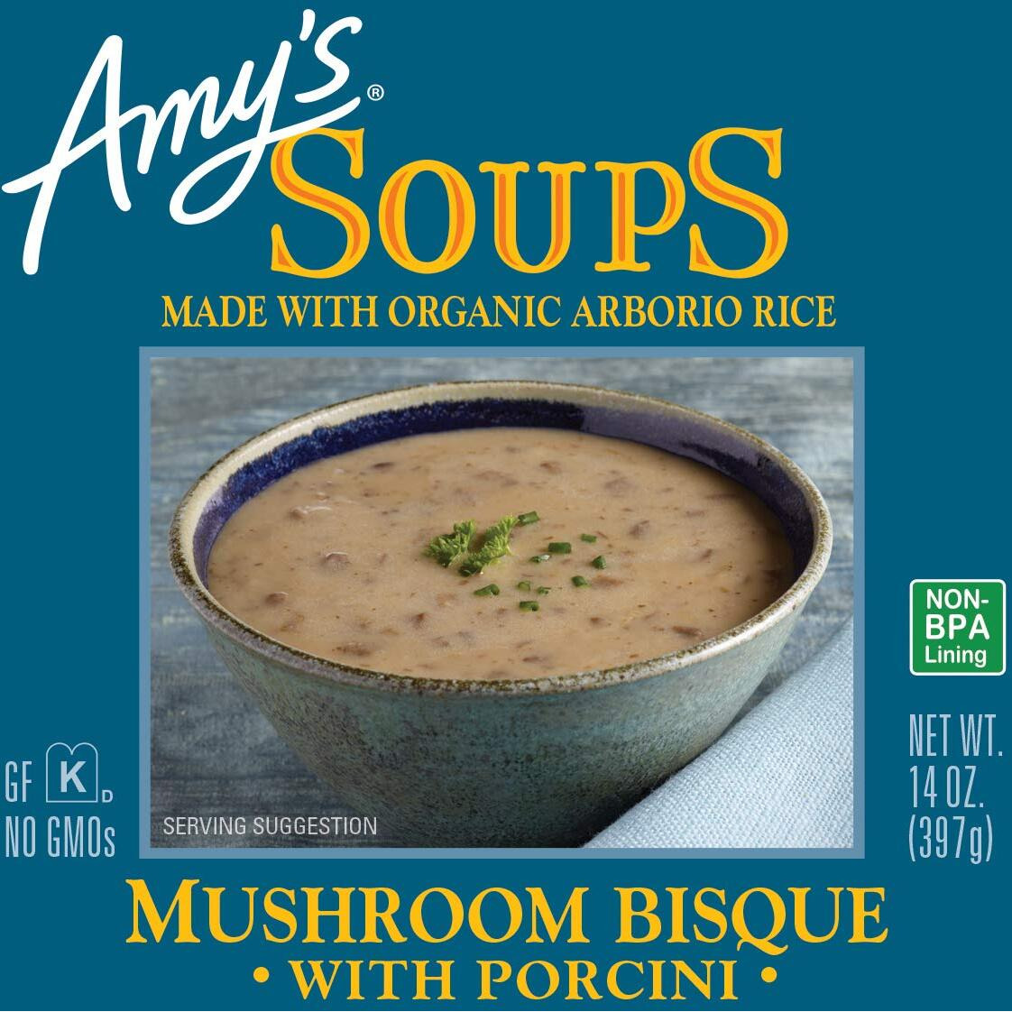 Amy's Soup, Mushroom Bisque Soup With Porcini, Gluten Free Organic Blend Of Mushrooms, Rice, Vegetables And Cream, Canned Soup, 14 Oz (12 Pack)