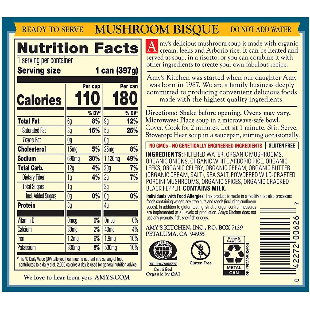 Amy's Soup, Mushroom Bisque Soup With Porcini, Gluten Free Organic Blend Of Mushrooms, Rice, Vegetables And Cream, Canned Soup, 14 Oz (12 Pack)