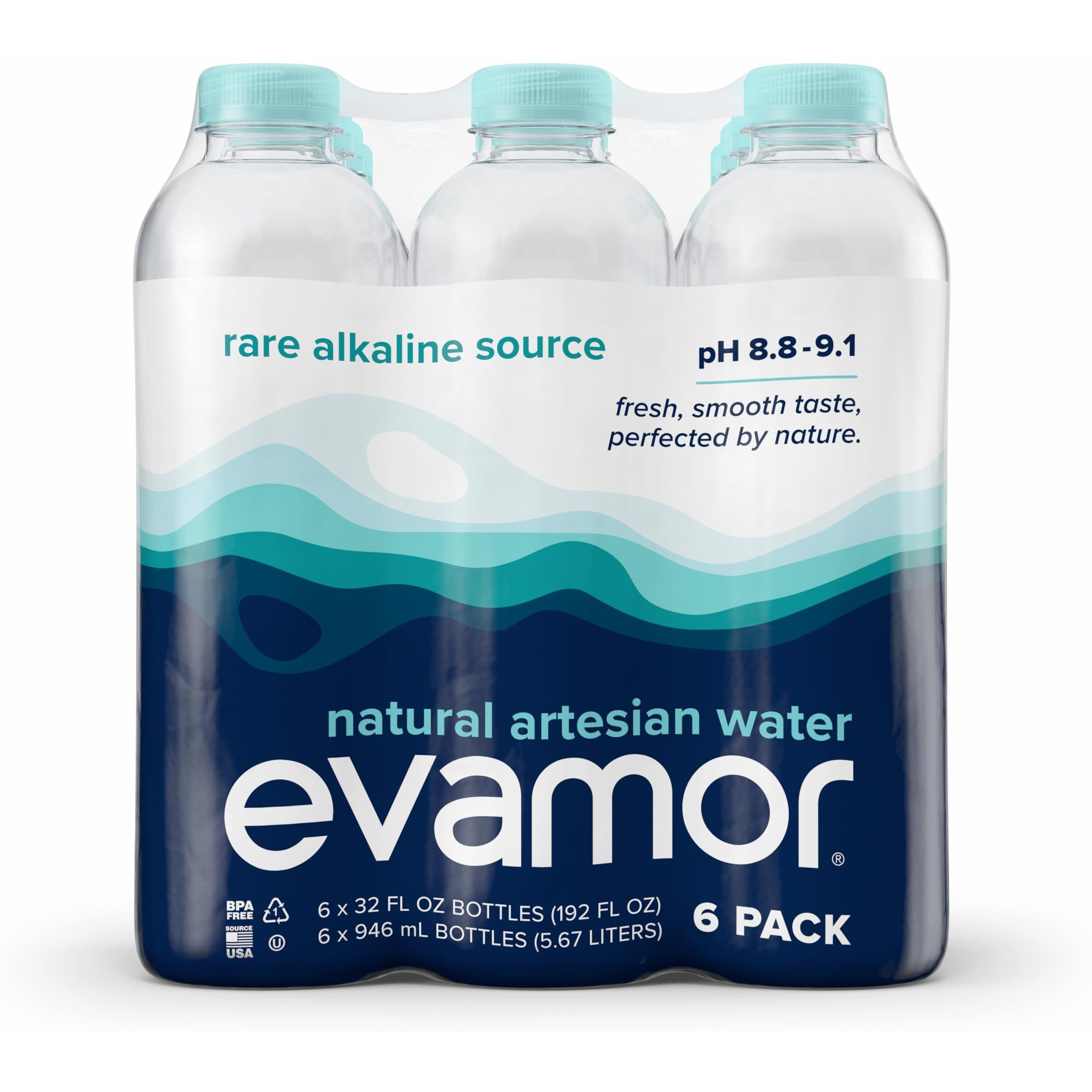 Evamor Natural Alkaline Artesian Water, 32-Oz Bottles (Pack Of 6)