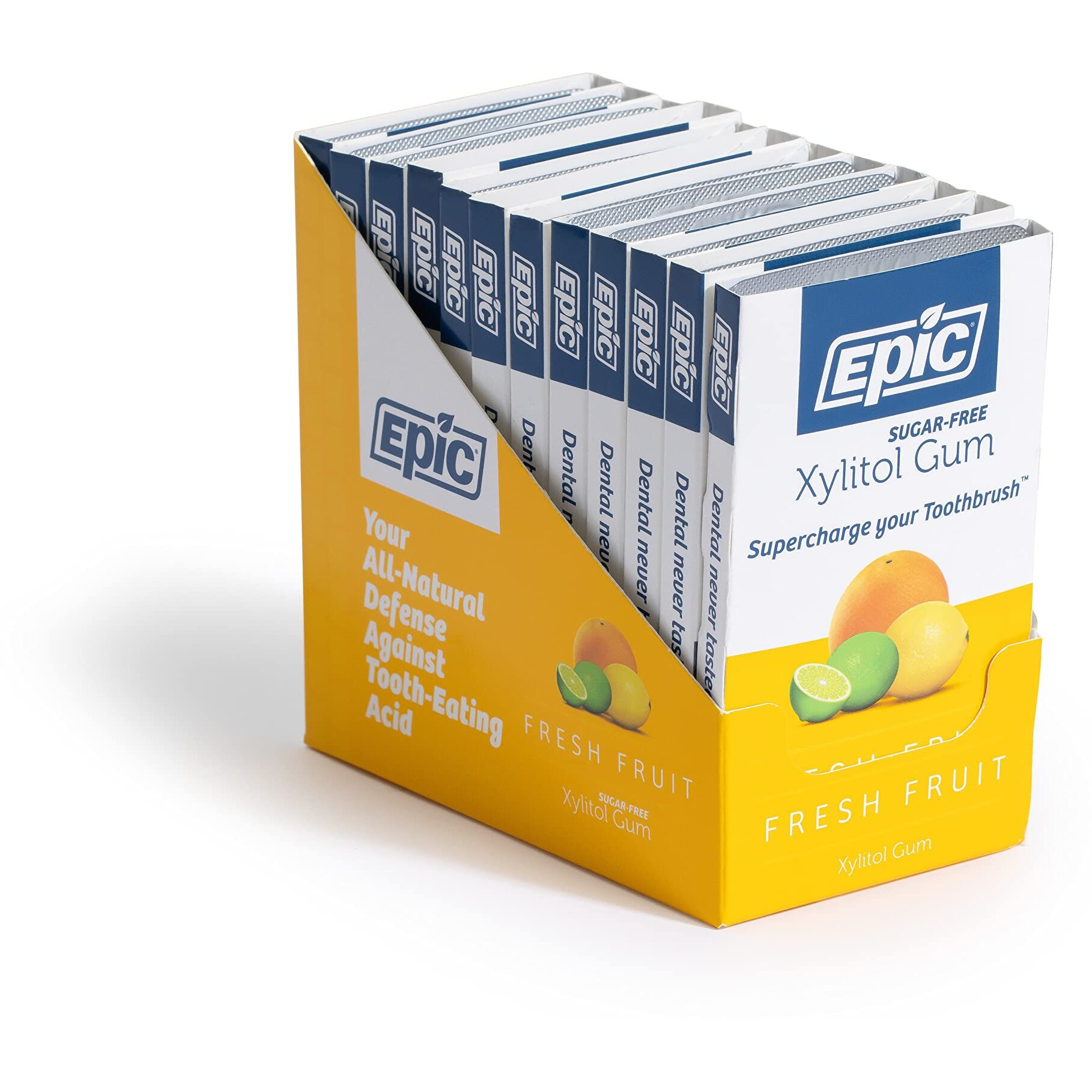 Epic Xylitol Chewing Gum - Sugar Free & Aspartame Free Chewing Gum Sweetened W/Xylitol For Dry Mouth & Gum Health (Fresh Fruit, 12-Piece Pack, 12 Packs)