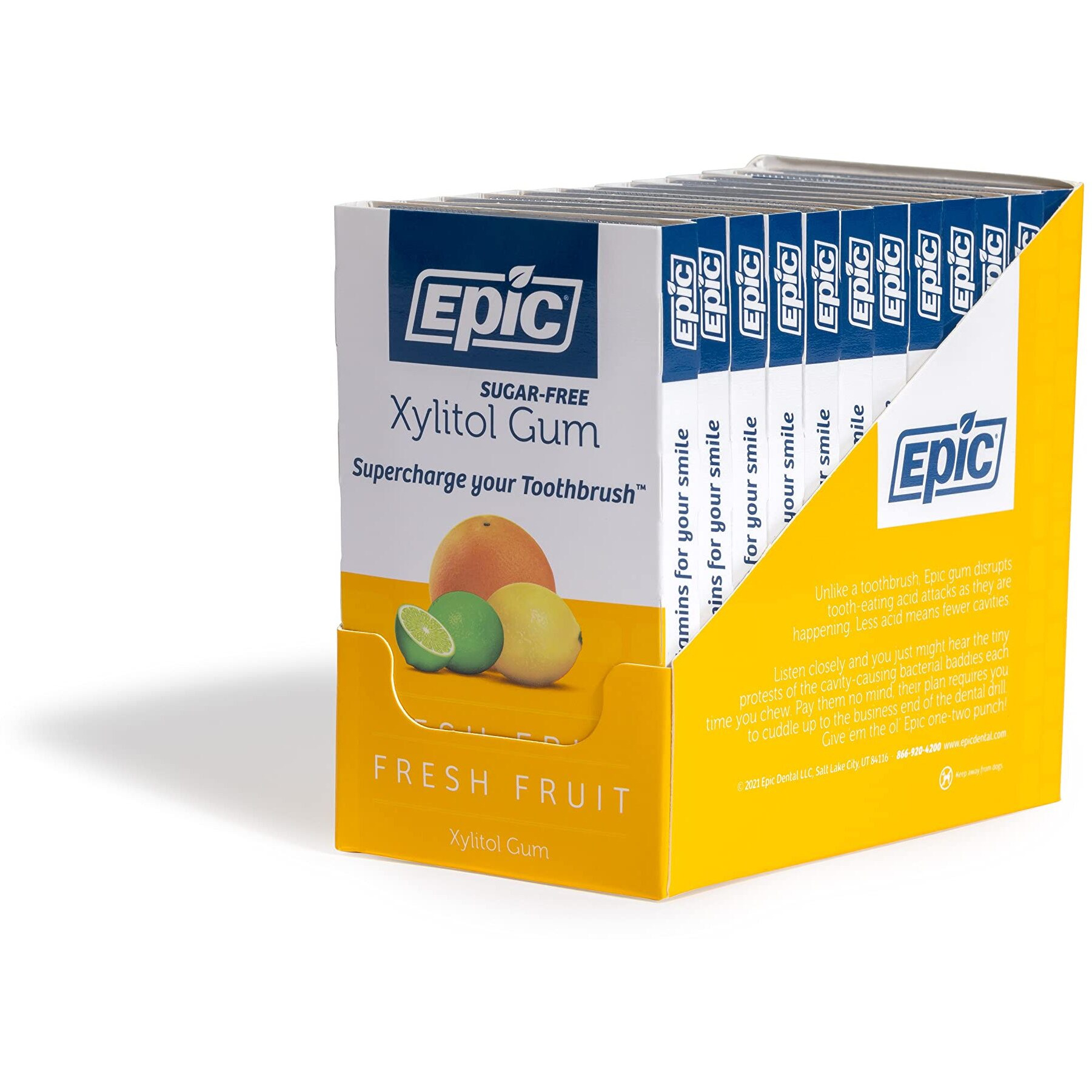 Epic Xylitol Chewing Gum - Sugar Free & Aspartame Free Chewing Gum Sweetened W/Xylitol For Dry Mouth & Gum Health (Fresh Fruit, 12-Piece Pack, 12 Packs)