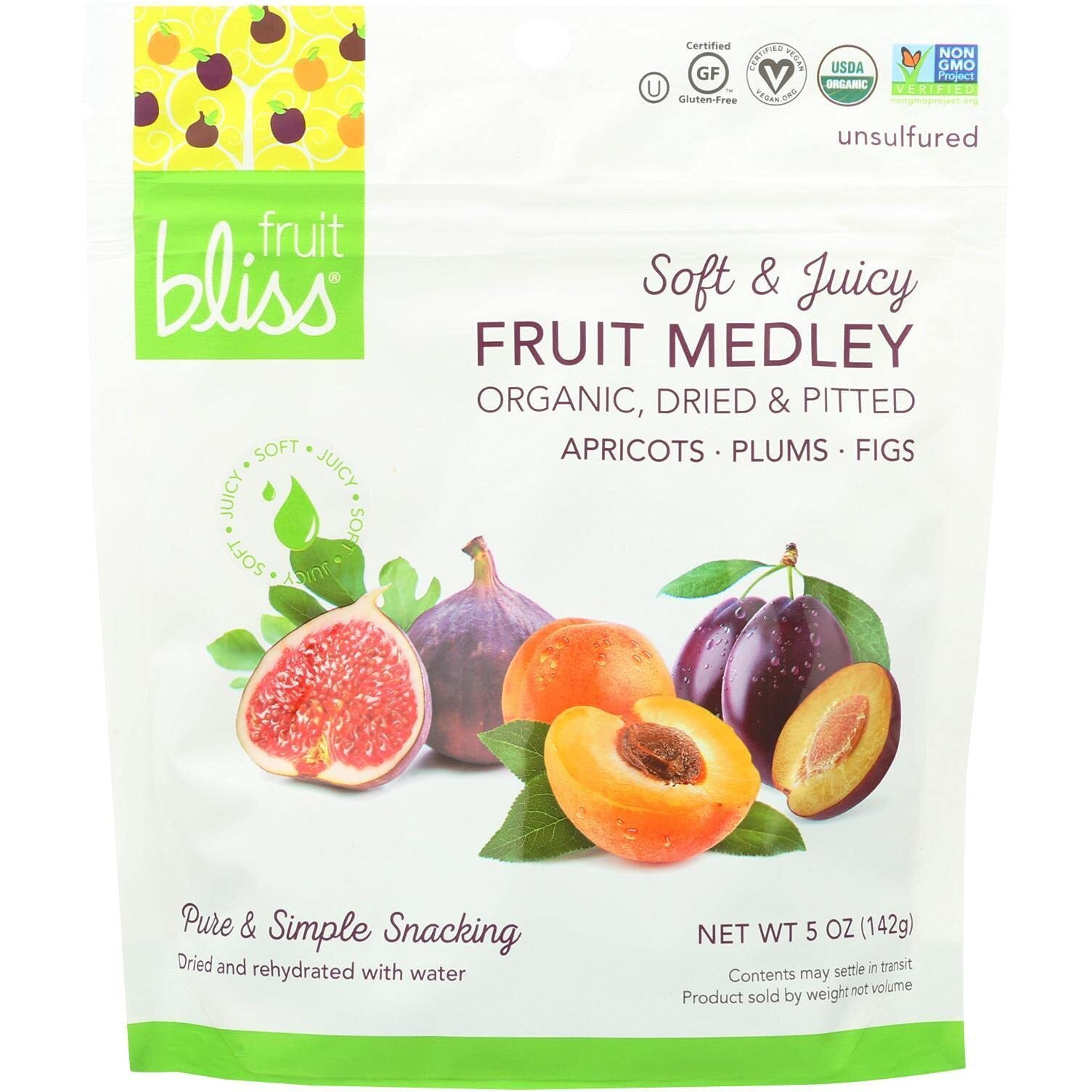 Fruit Bliss Dried Fruit Mix - Fruit Medley Of Organic, Dried & Pitted Apricots, Plums & Figs - Organic Fruit Snacks, Dried Fruit Snacks, Resealable Pouches, Gluten-Free Vegan Snacks (6 Pack, 5 Oz)