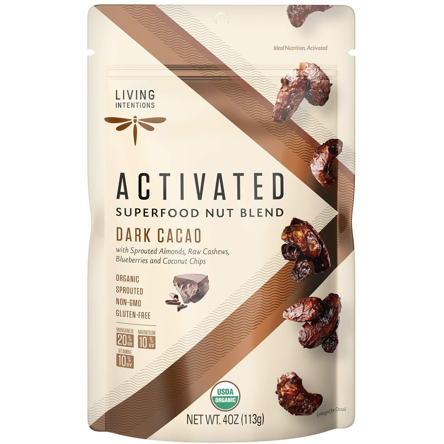 Living Intentions Sprouted Organic Nut Blend- Dark Cacao- Nongmo - Gluten Free - Vegan - Paleo - Kosher - 4 Ounce Unit