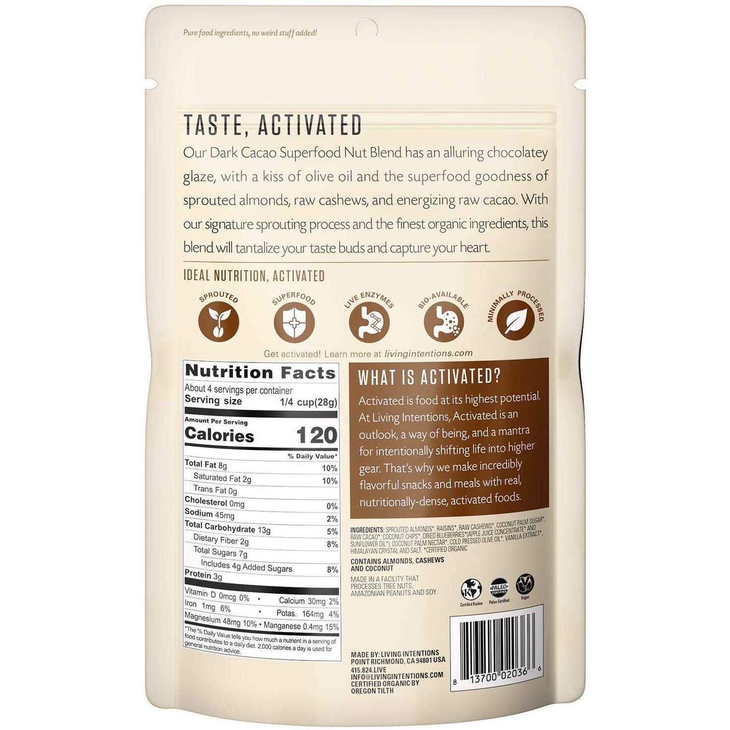 Living Intentions Sprouted Organic Nut Blend- Dark Cacao- Nongmo - Gluten Free - Vegan - Paleo - Kosher - 4 Ounce Unit