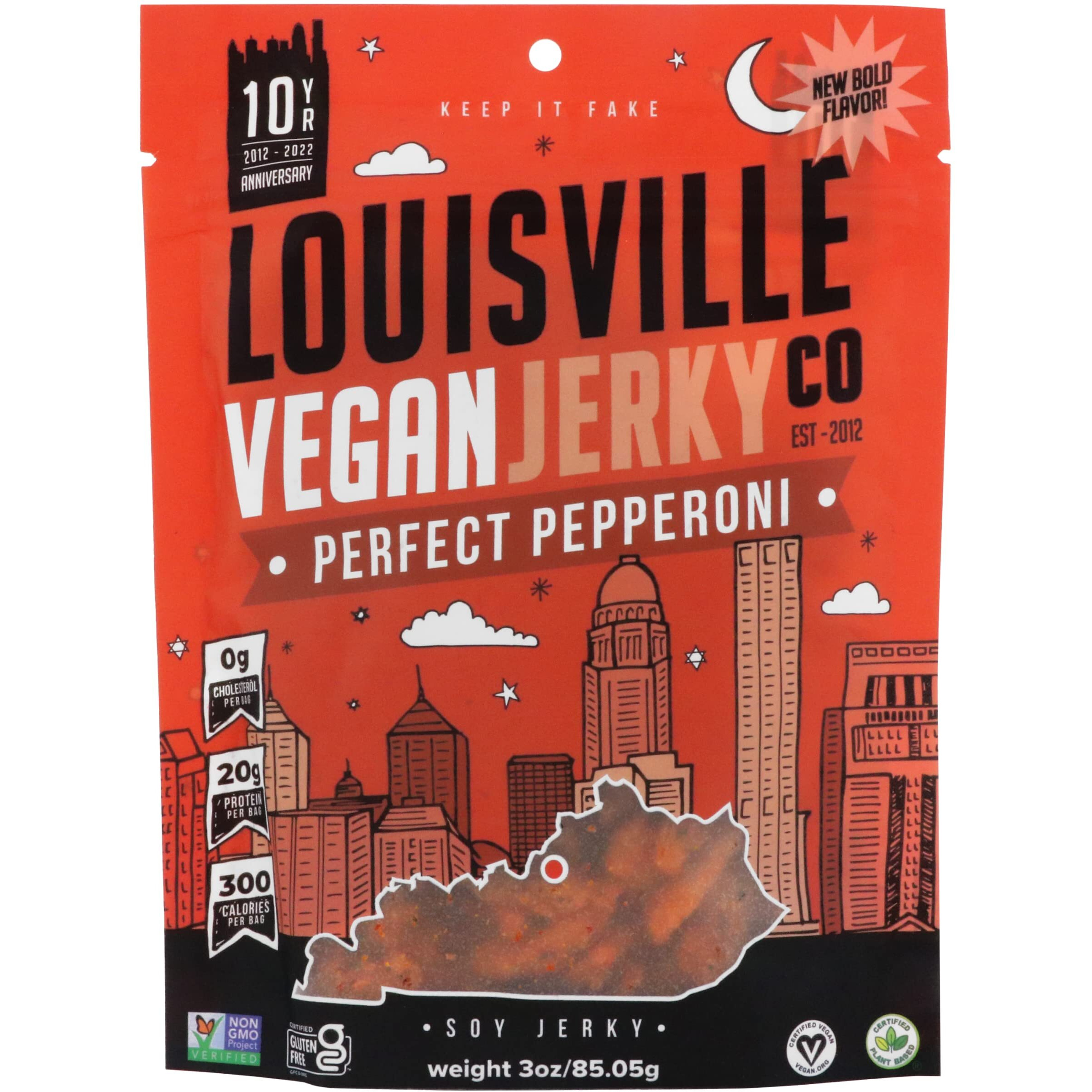 Louisville Vegan Jerky - Perfect Pepperoni, Vegetarian & Vegan-Friendly Jerky, 21 Grams Of Non-Gmo Soy Protein, 270 Calories Per Bag, Gluten-Free Ingredients (3 Oz)