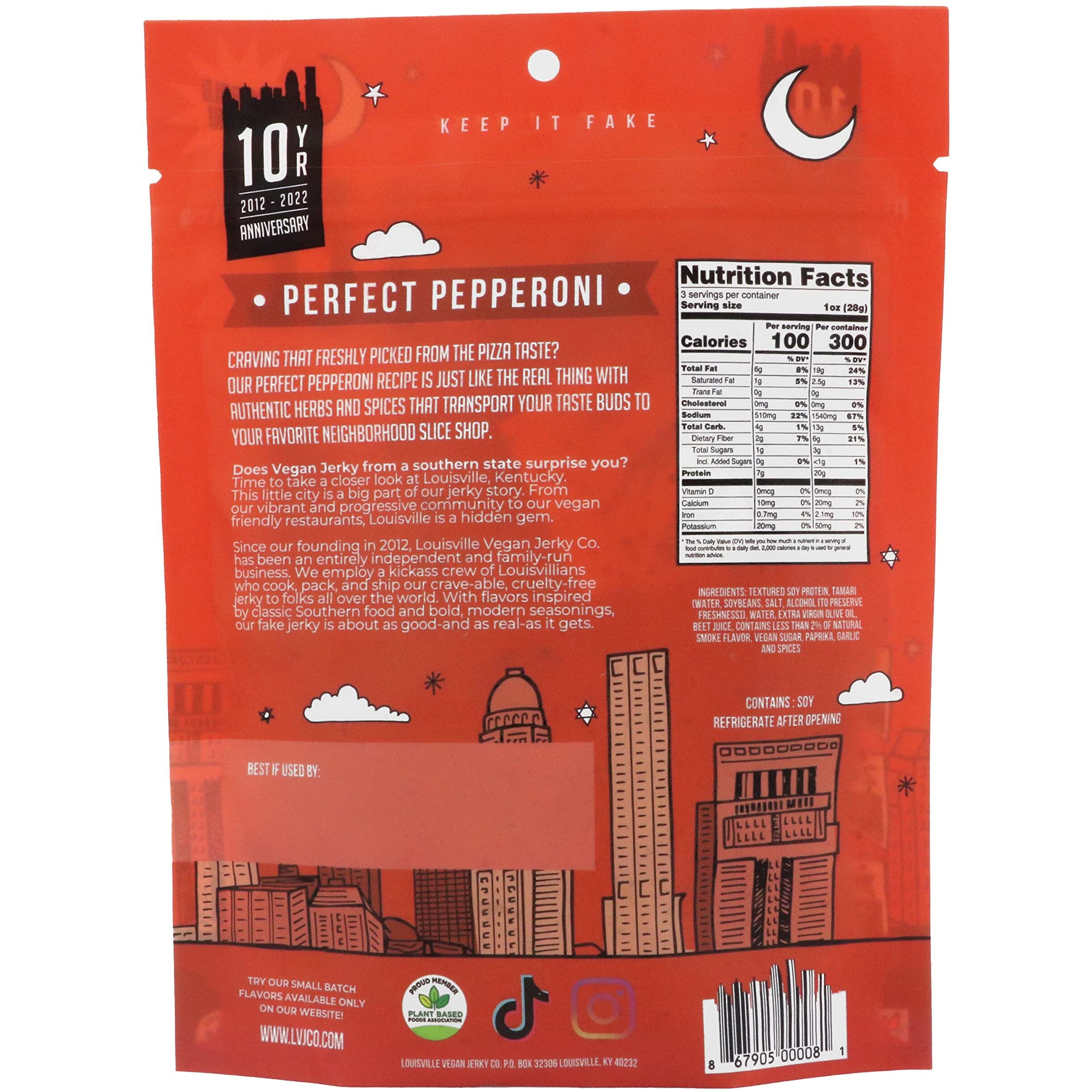 Louisville Vegan Jerky - Perfect Pepperoni, Vegetarian & Vegan-Friendly Jerky, 21 Grams Of Non-Gmo Soy Protein, 270 Calories Per Bag, Gluten-Free Ingredients (3 Oz)