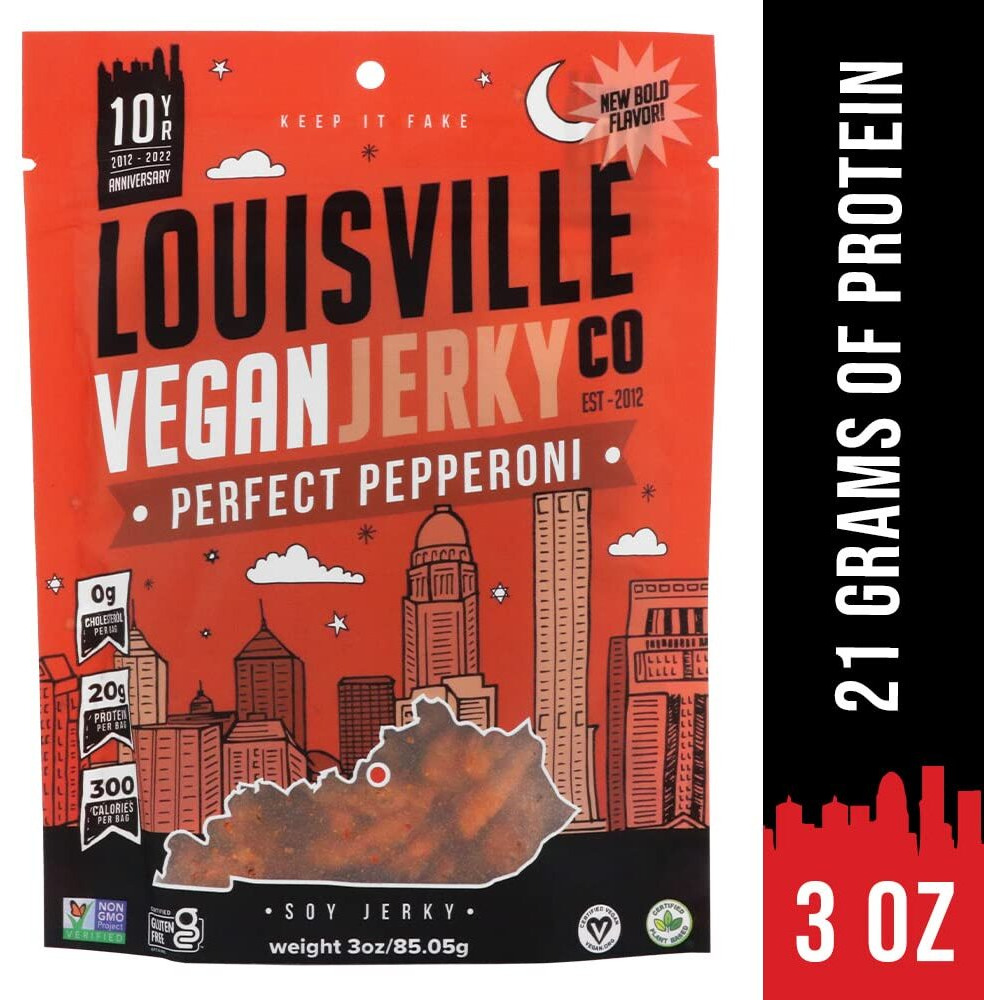 Louisville Vegan Jerky - Perfect Pepperoni, Vegetarian & Vegan-Friendly Jerky, 21 Grams Of Non-Gmo Soy Protein, 270 Calories Per Bag, Gluten-Free Ingredients (3 Oz)