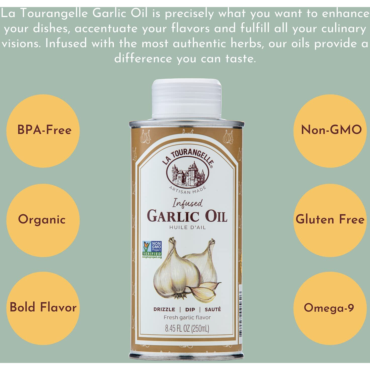 La Tourangelle, Garlic Oil, High Oleic Oil For Cooking Pastas, Salad Dressings, Drizzle On Popcorn, Irresistible Aroma And Flavor, 8.45 Fl Oz