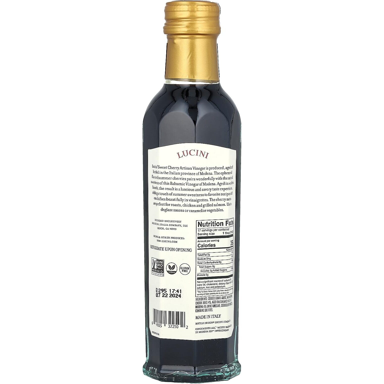 Lucini Italia Sweet Cherry Balsamico Artisan Vinegar - Italian Balsamic Vinegar - Aged Balsamic Vinegar From Modena Italy - Non-Gmo Verified, Whole30 Approved, 250Ml