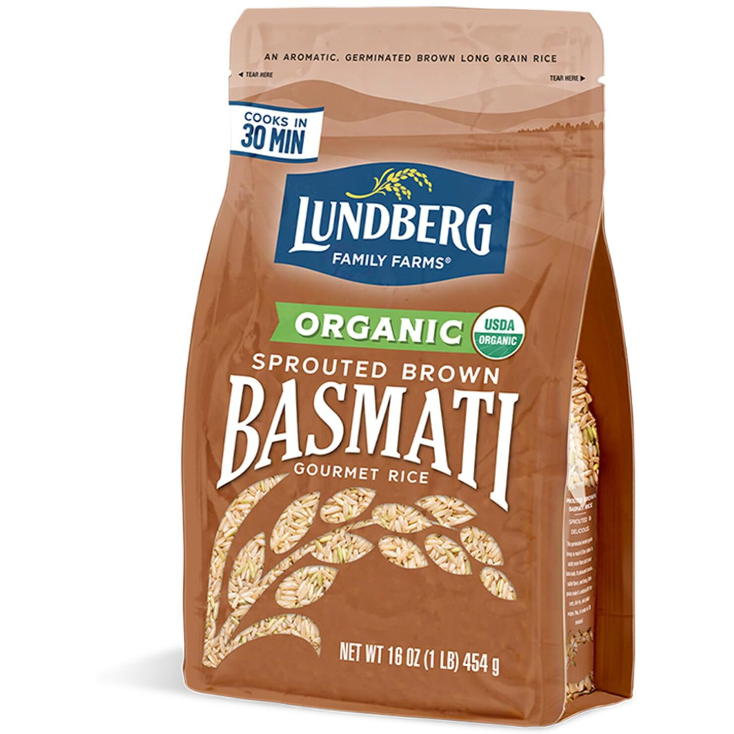 Lundberg Basmati Rice, Organic Sprouted Brown Long Grain Rice - Nutty & Nutritious Brown Rice Grown In California, Ready To Eat In 30 Minutes, Pantry Staples, 16 Oz