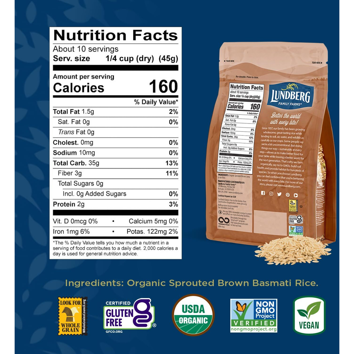 Lundberg Basmati Rice, Organic Sprouted Brown Long Grain Rice - Nutty & Nutritious Brown Rice Grown In California, Ready To Eat In 30 Minutes, Pantry Staples, 16 Oz