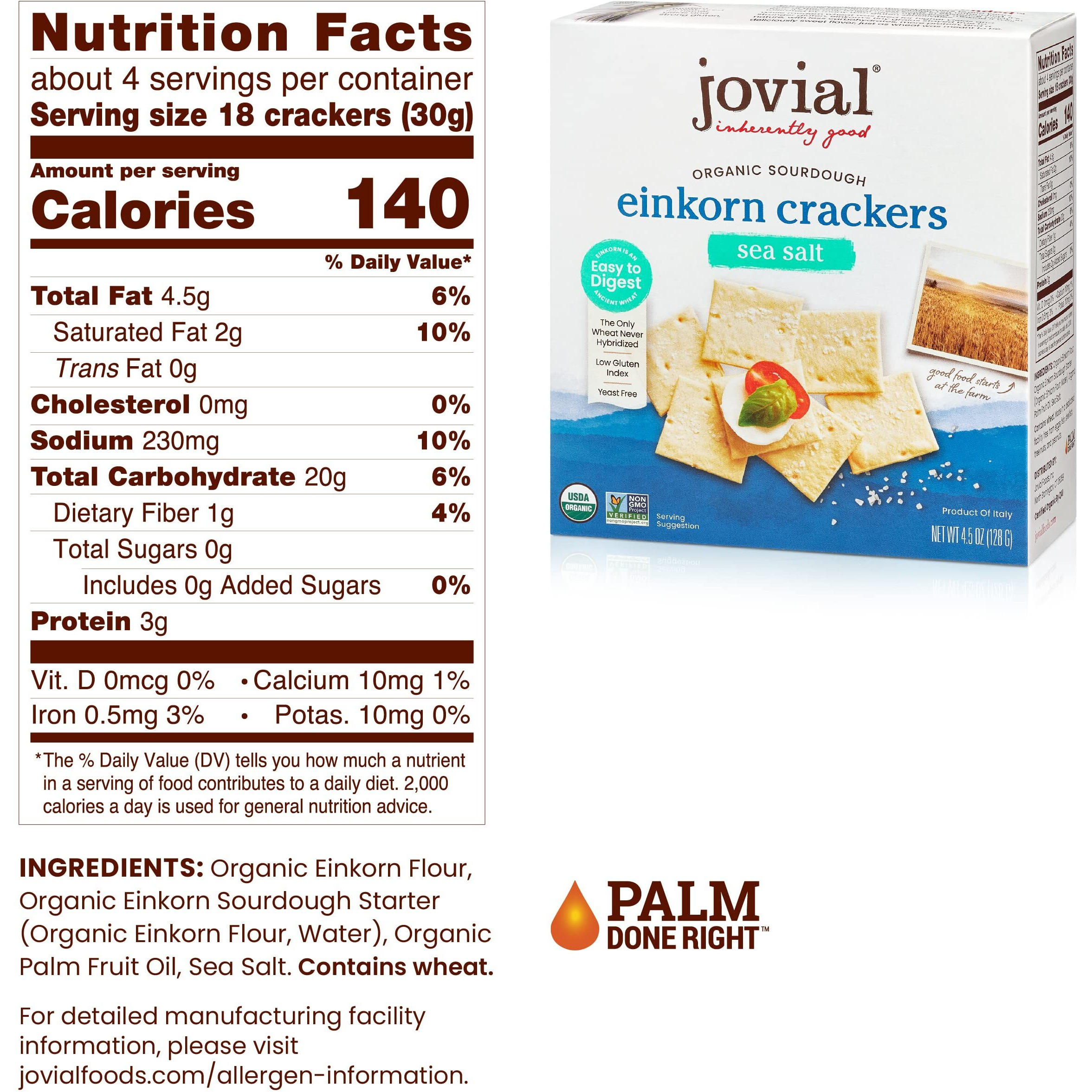 Jovial Organic Sourdough Einkorn Sea Salt Crackers - Sourdough Crackers, Crackers For Cheese Platter, Made With Einkorn, Usda Organic, Non-Gmo - 4.5 Oz, 1 Pack