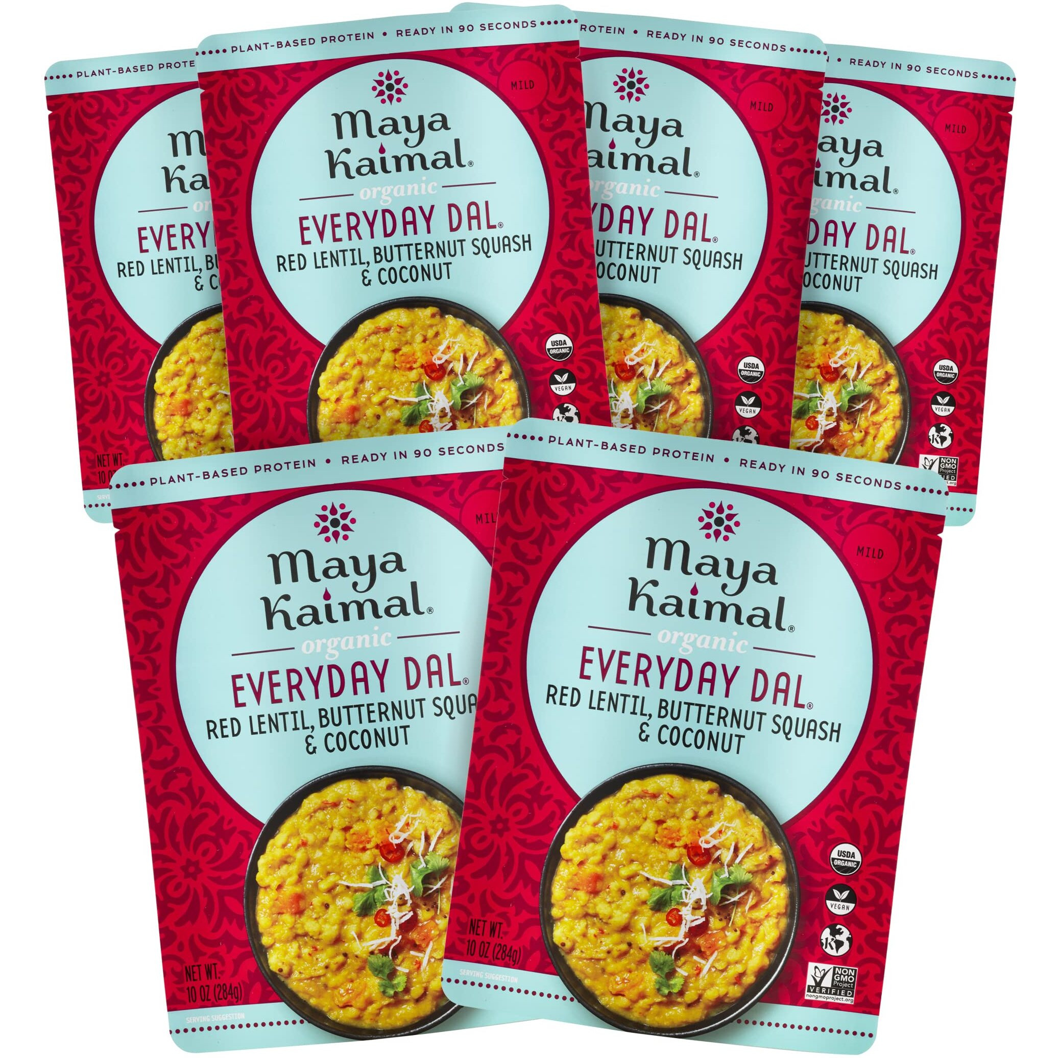 Maya Kaimal - Organic Indian Everyday Dal - Red Lentil 10Oz - Fully Cooked With Butternut Squash And Coconut - Vegan - Microwavable - Ready To Eat Meals- Pack Of 6