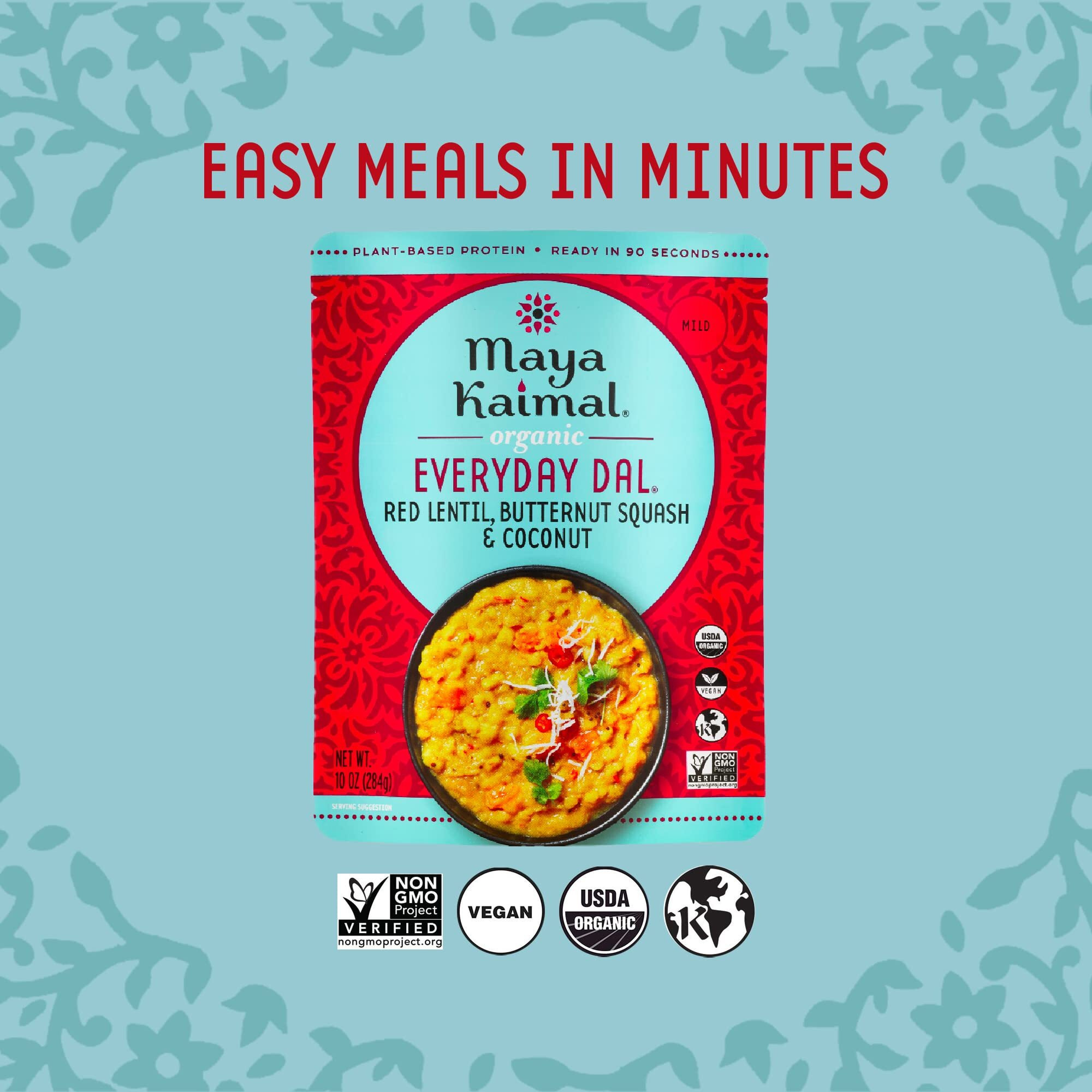 Maya Kaimal - Organic Indian Everyday Dal - Red Lentil 10Oz - Fully Cooked With Butternut Squash And Coconut - Vegan - Microwavable - Ready To Eat Meals- Pack Of 6