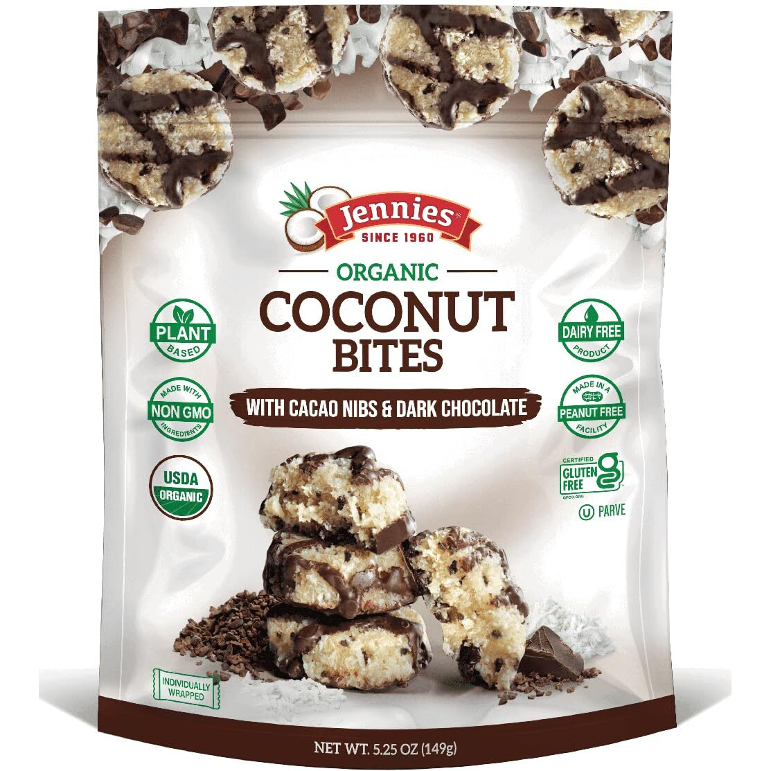 Jennies Organic Coconut Bites With Cacao Nibs, 5.25Oz Glten Free, Non-Gmo, Peanut Free, Kosher