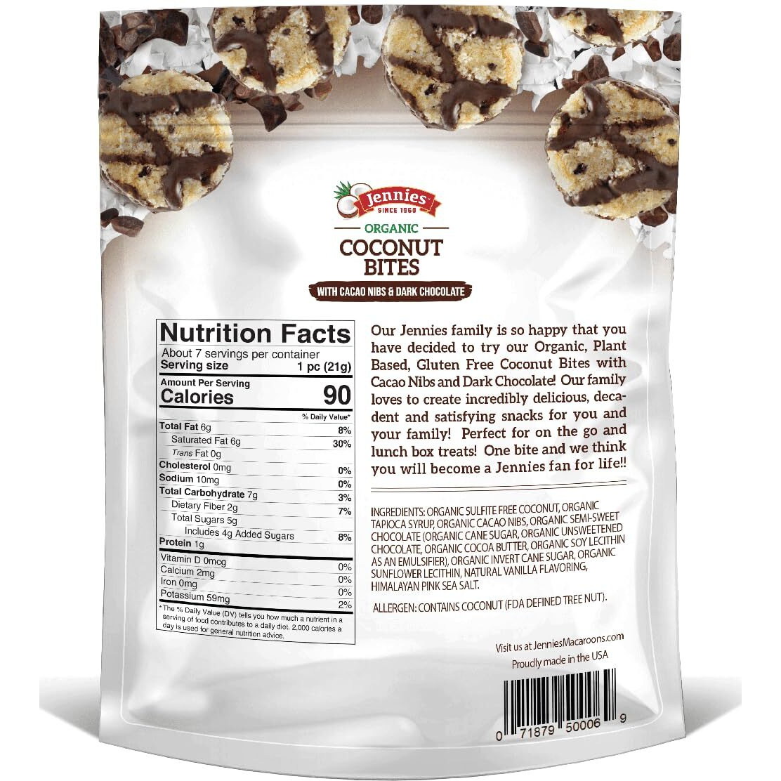 Jennies Organic Coconut Bites With Cacao Nibs, 5.25Oz Glten Free, Non-Gmo, Peanut Free, Kosher