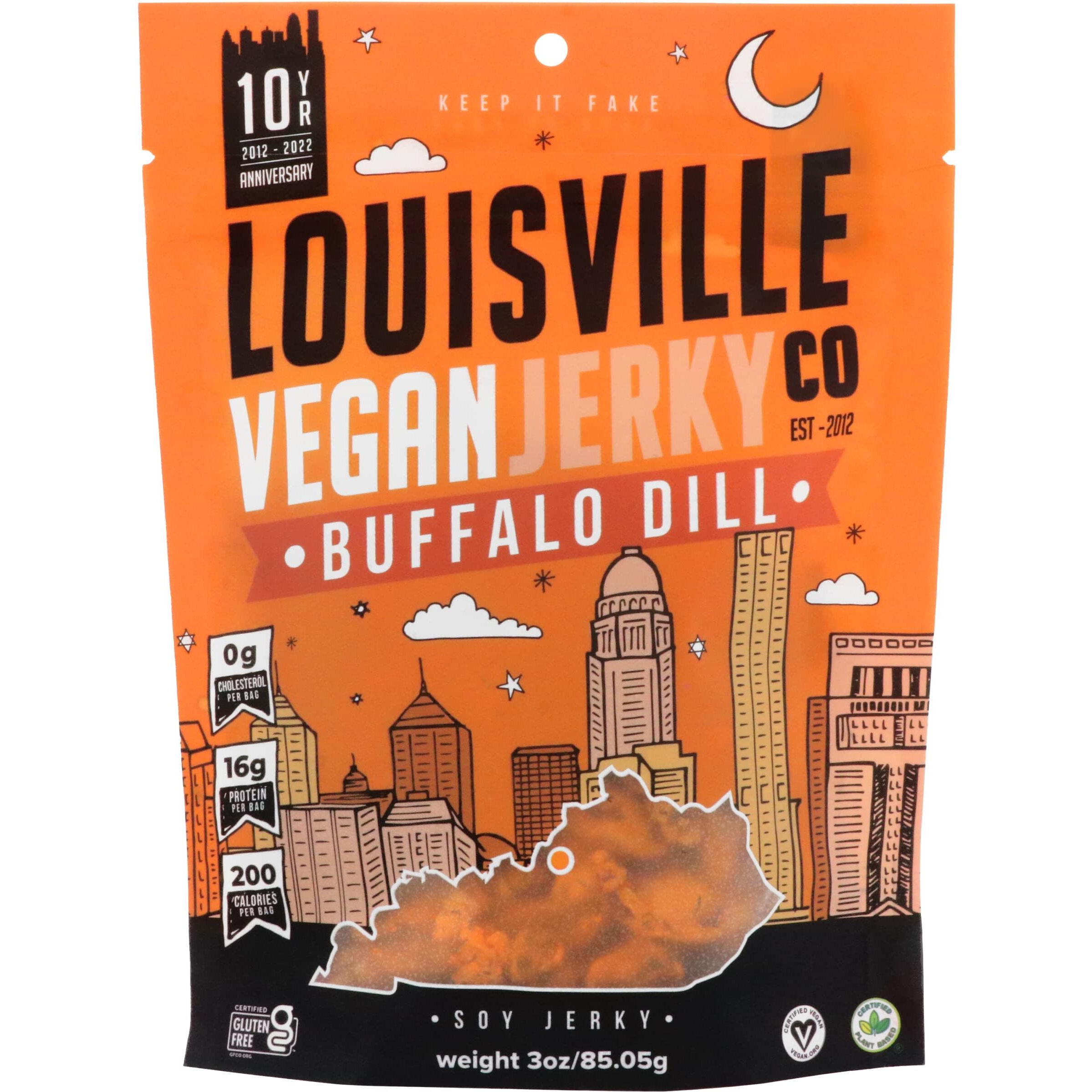 Louisville Vegan Jerky - Buffalo Dill, Vegetarian & Vegan-Friendly Jerky, 21 Grams Of Non-Gmo Soy Protein, 210 Calories Per Bag, Gluten-Free Ingredients (3 Oz)