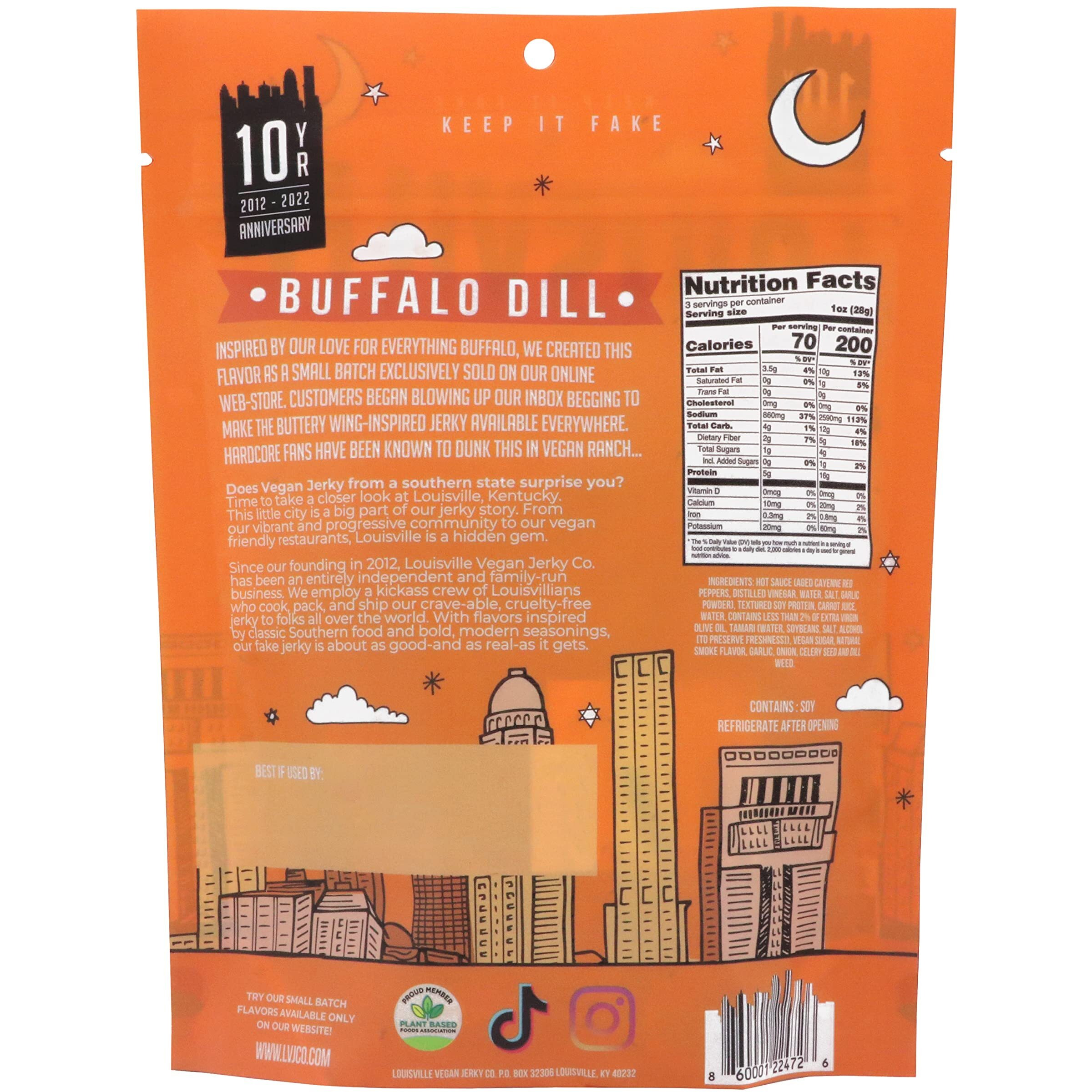 Louisville Vegan Jerky - Buffalo Dill, Vegetarian & Vegan-Friendly Jerky, 21 Grams Of Non-Gmo Soy Protein, 210 Calories Per Bag, Gluten-Free Ingredients (3 Oz)