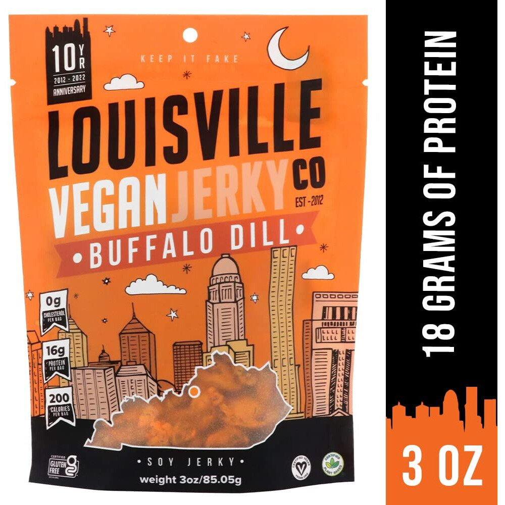 Louisville Vegan Jerky - Buffalo Dill, Vegetarian & Vegan-Friendly Jerky, 21 Grams Of Non-Gmo Soy Protein, 210 Calories Per Bag, Gluten-Free Ingredients (3 Oz)