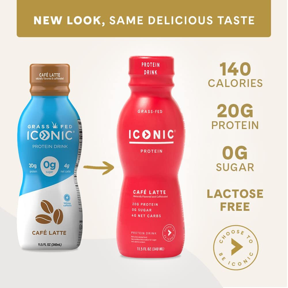 Iconic Protein Drinks, Caf   Latte (12 Pack) - Sugar Free & Low Carb - 20G Protein + 100Mg Caffeine - Lactose Free, Gluten Free - Keto Friendly Protein Coffee