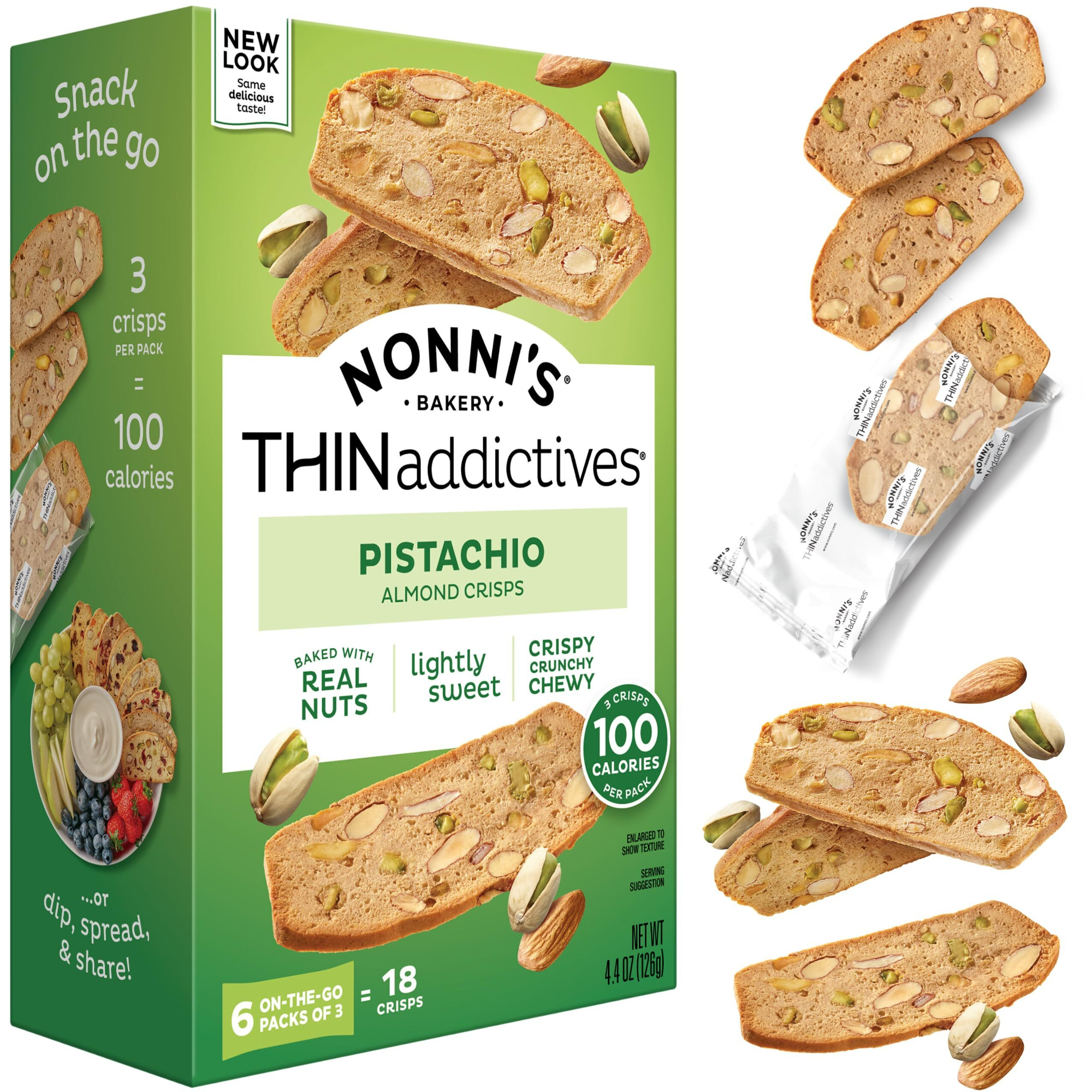 Nonni's Thinaddictives Almond Thin Cookies - Pistachio Almond Cookie Thin - Sweet Crunchy & Chewy Almond Cookie - Perfect W/Coffee - Biscotti Individually Wrapped Cookie - Kosher Coffee Cookie 4.4 Oz