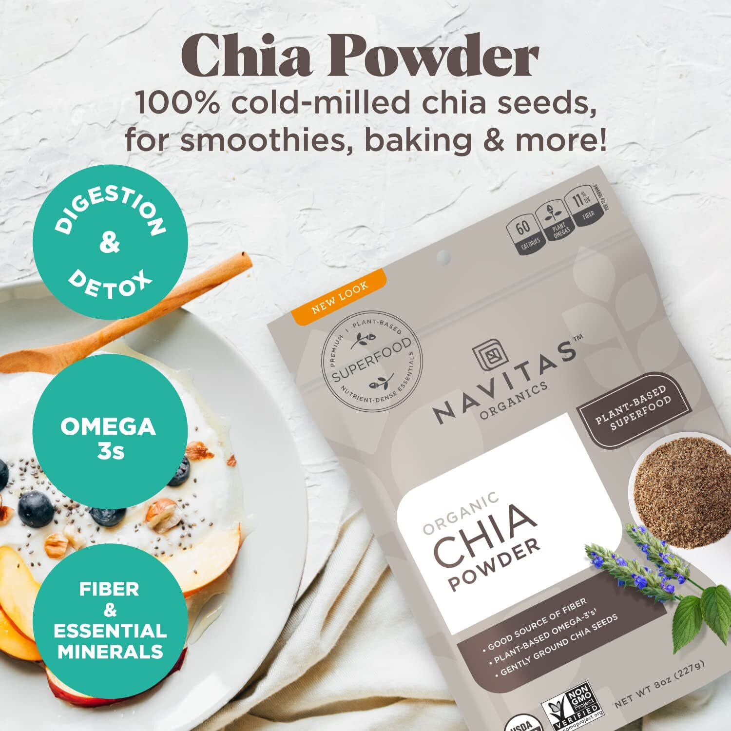 Navitas Organics Chia Seed Powder, 8Oz. Bag, 19 Servings - Organic, Non-Gmo, Gluten-Free