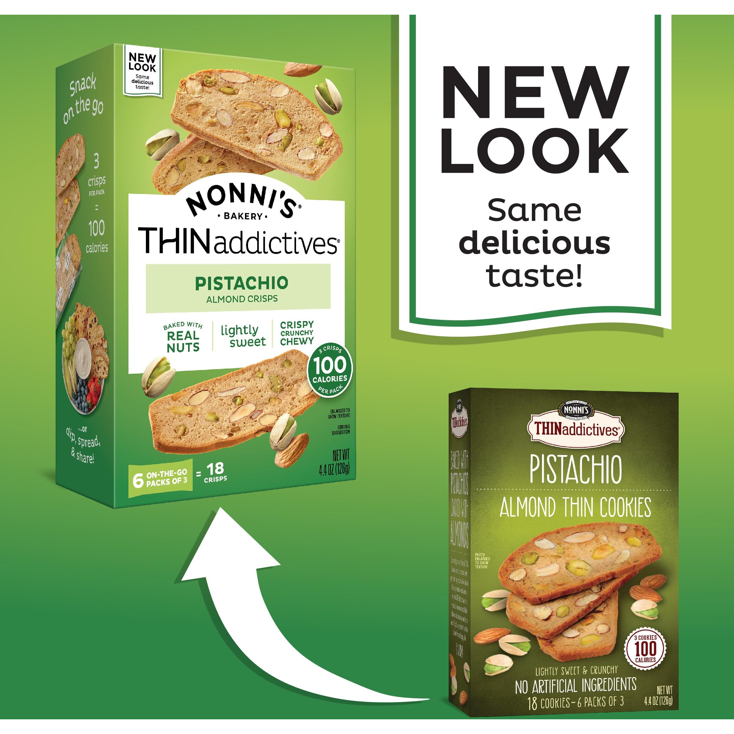 Nonni's Thinaddictives Almond Thin Cookies - 6 Boxes Pistachio Almond Cookie Thins - Sweet Crunchy & Chewy Almond Cookies - Biscotti Individually Wrapped Cookies - Kosher Coffee Cookies - 4.4 Oz