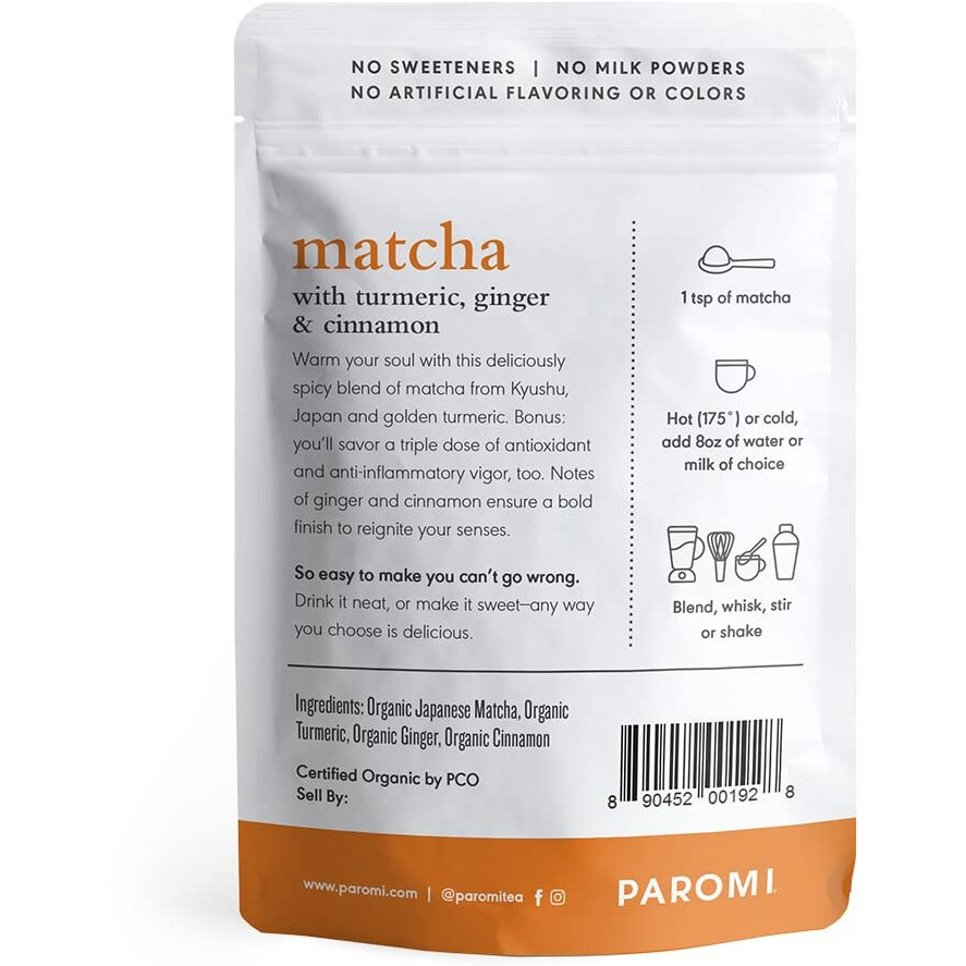Paromi Tea Matcha With Turmeric, Ginger & Cinnamon 35 Grams, Organic Stone-Ground Organic Green Tea, Serve Hot Or Iced, Blend, Whisk, Stir, Or Shake Into Water Or Milk